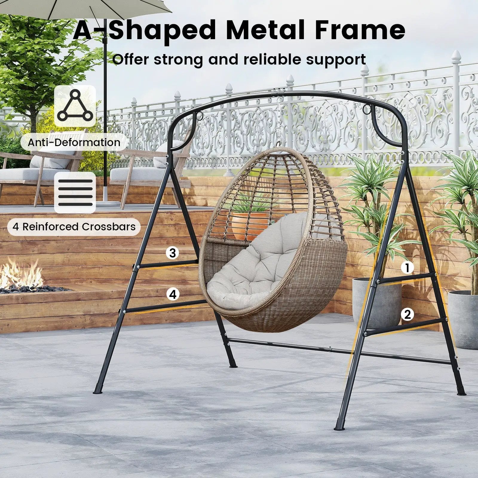 Outdoor Metal Swing Stand with 4 Support Bars and 2 Hanging Ways-Black by DirectDeals