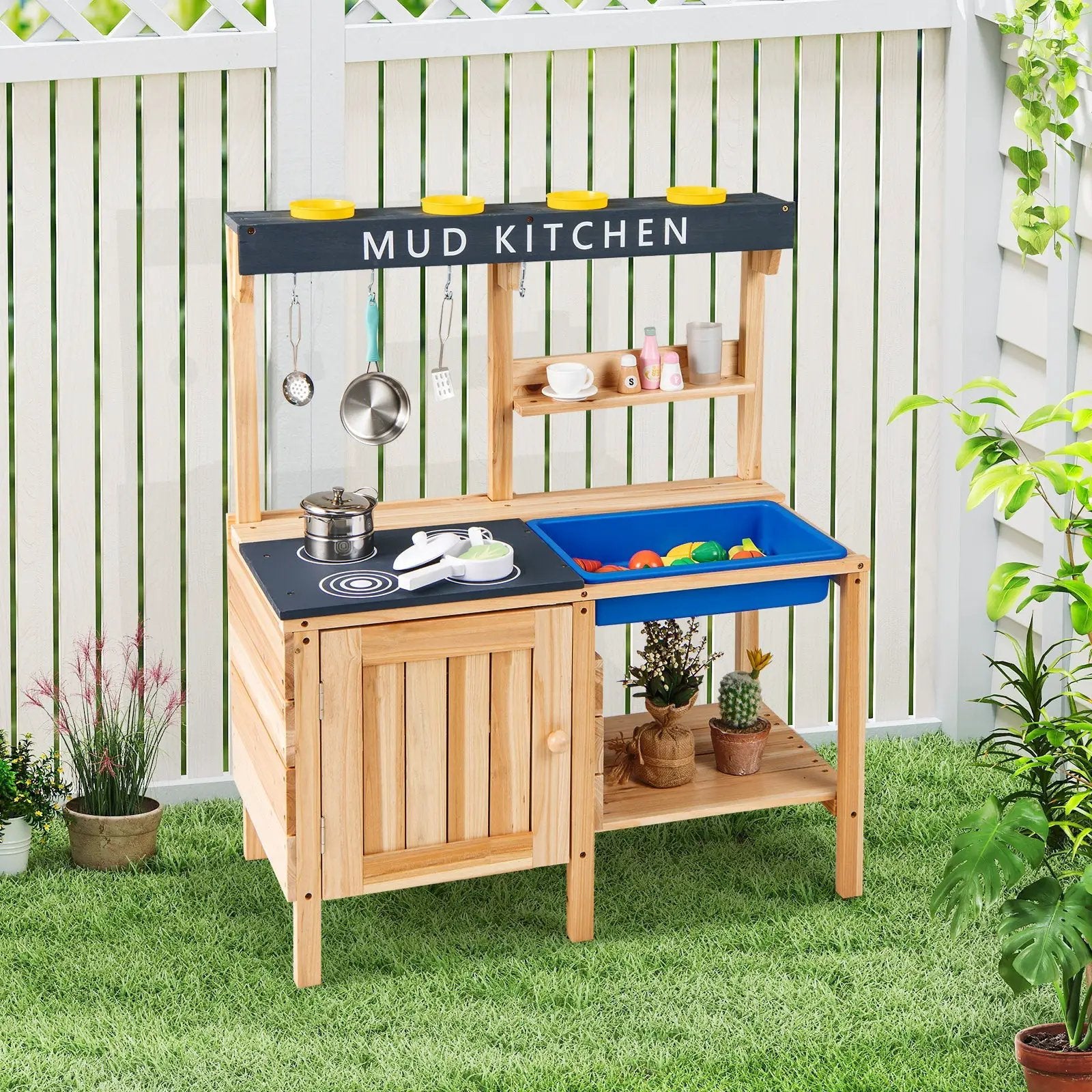 Outdoor Mud Kids Kitchen Playset Wooden Pretend Play Toy with Kitchenware by DirectDeals