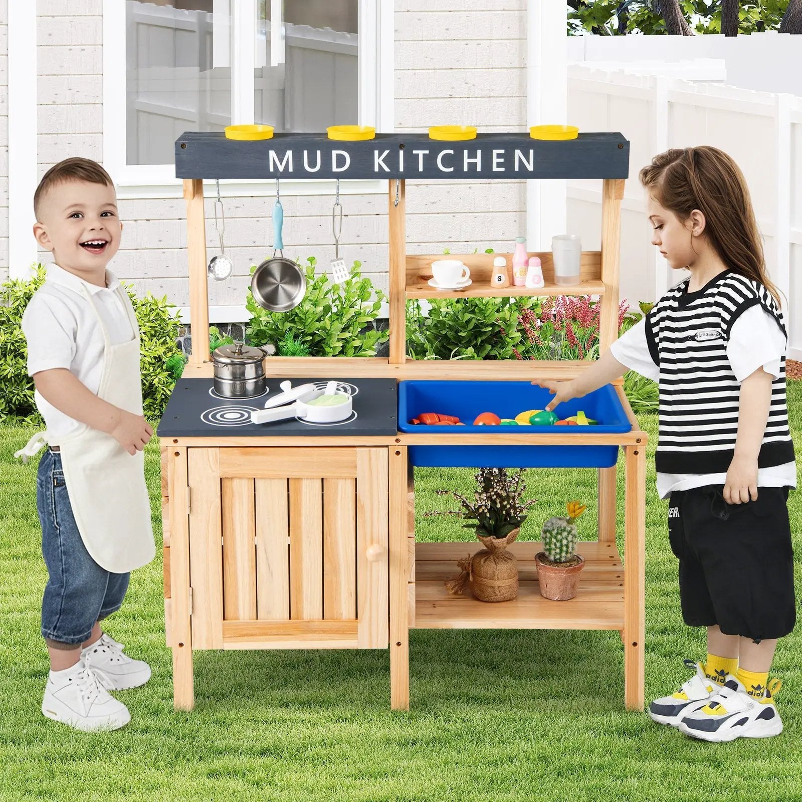 Outdoor Mud Kids Kitchen Playset Wooden Pretend Play Toy with Kitchenware by DirectDeals