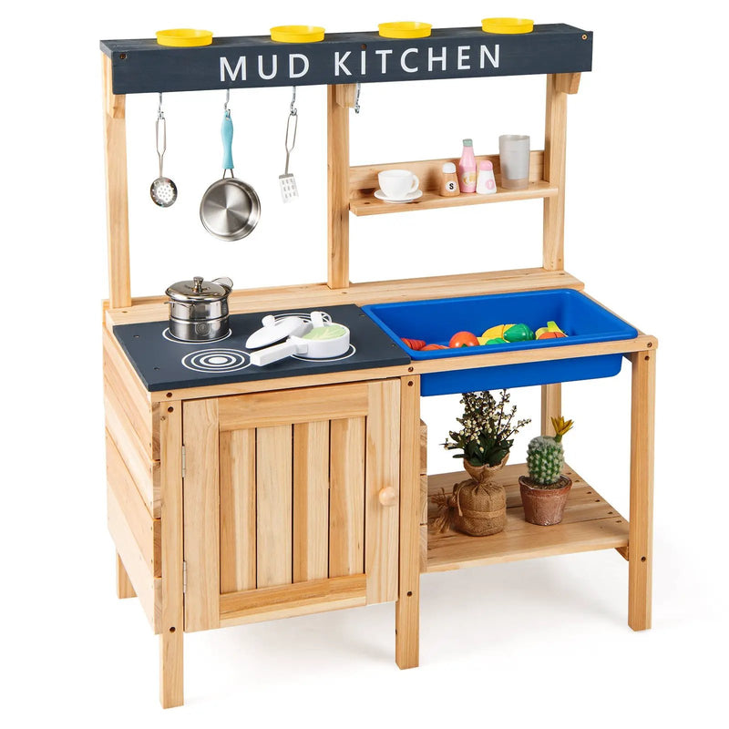Outdoor Mud Kids Kitchen Playset Wooden Pretend Play Toy with Kitchenware by DirectDeals