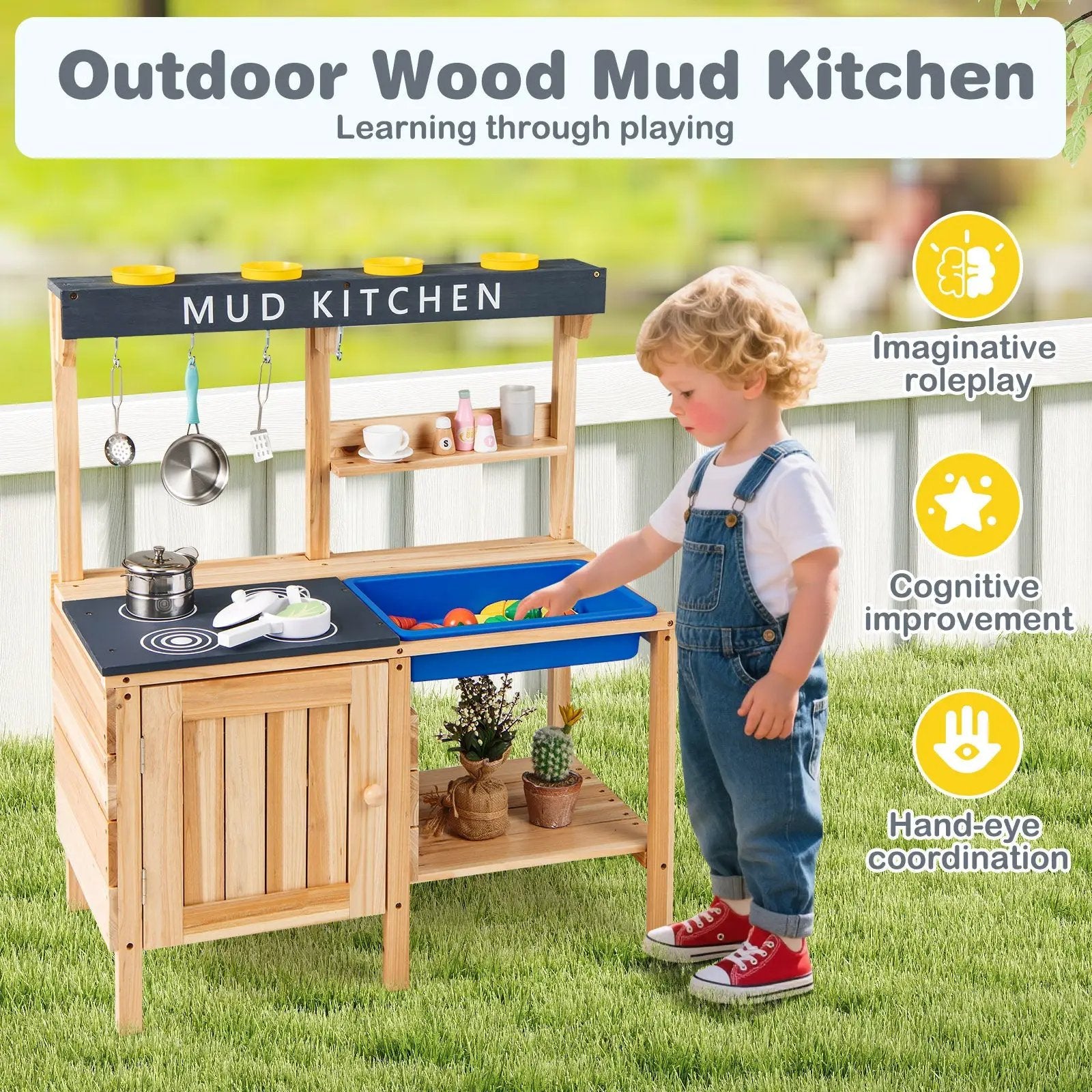 Outdoor Mud Kids Kitchen Playset Wooden Pretend Play Toy with Kitchenware by DirectDeals