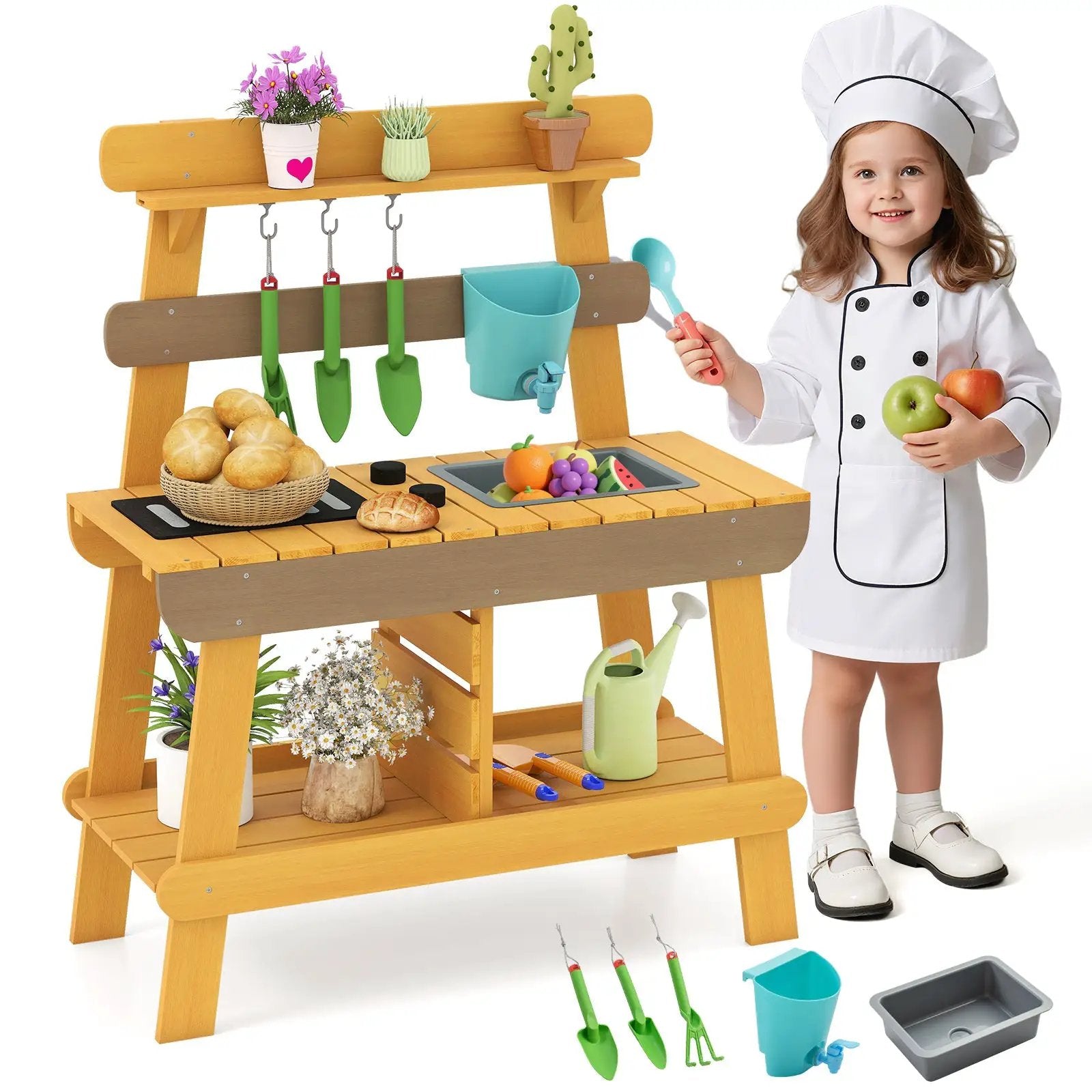 Outdoor Mud Kitchen for Kids Wooden Play Kitchen Toy for Boys Girls Aged 3-8-Yellow by DirectDeals