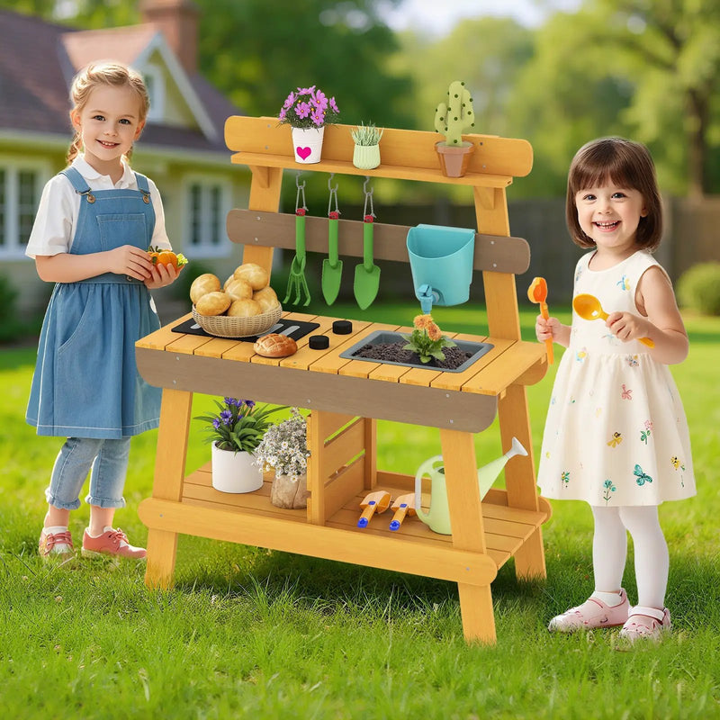 Outdoor Mud Kitchen for Kids Wooden Play Kitchen Toy for Boys Girls Aged 3-8-Yellow by DirectDeals