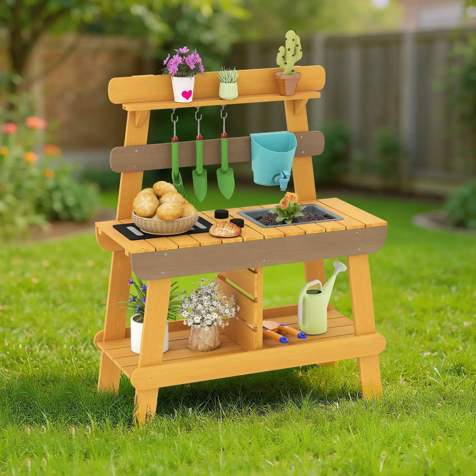 Outdoor Mud Kitchen for Kids Wooden Play Kitchen Toy for Boys Girls Aged 3-8-Yellow by DirectDeals
