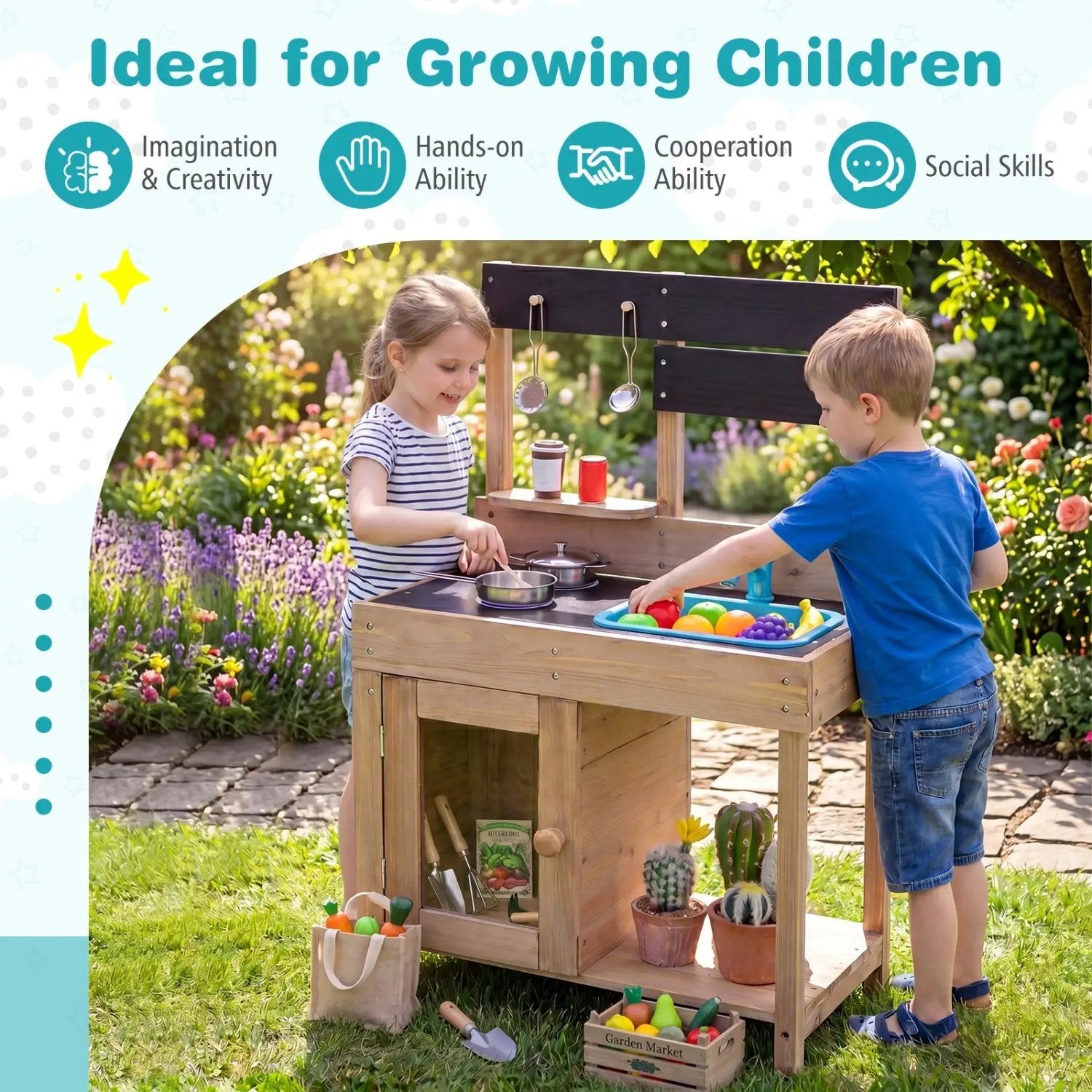 Wooden Play Kitchen with Stove, Storage & Water System by DirectDeals