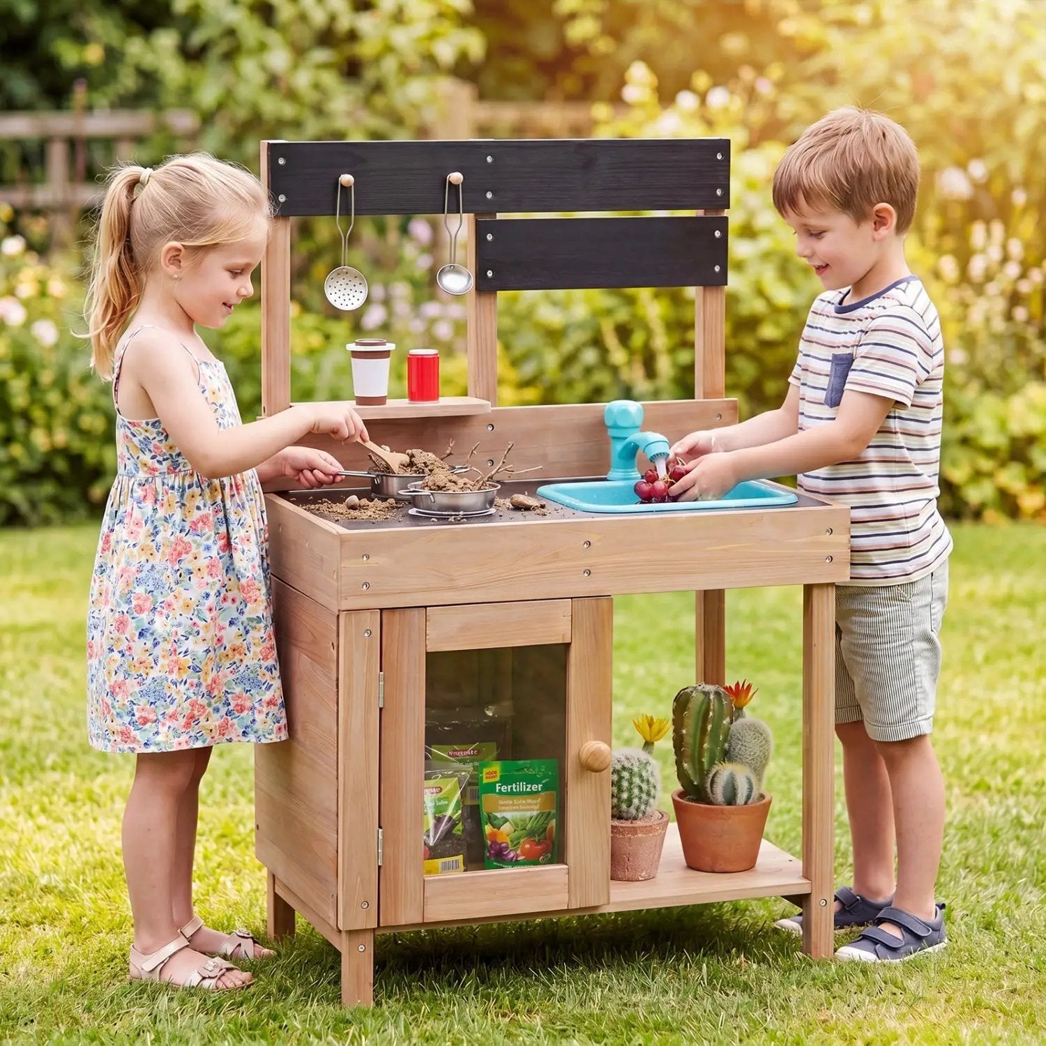 Wooden Play Kitchen with Stove, Storage & Water System by DirectDeals