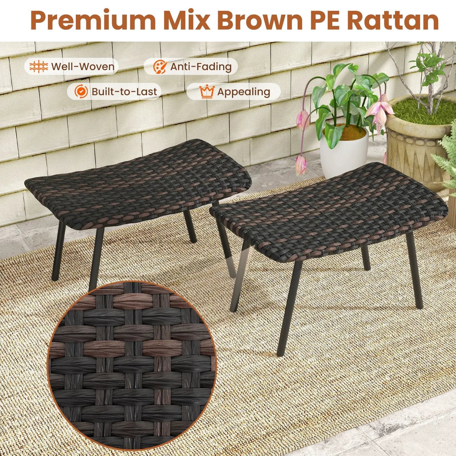All Weather Outdoor Ottomans Set Patio Footrest Seats Set with Sturdy Metal Legs -Brown by DirectDeals
