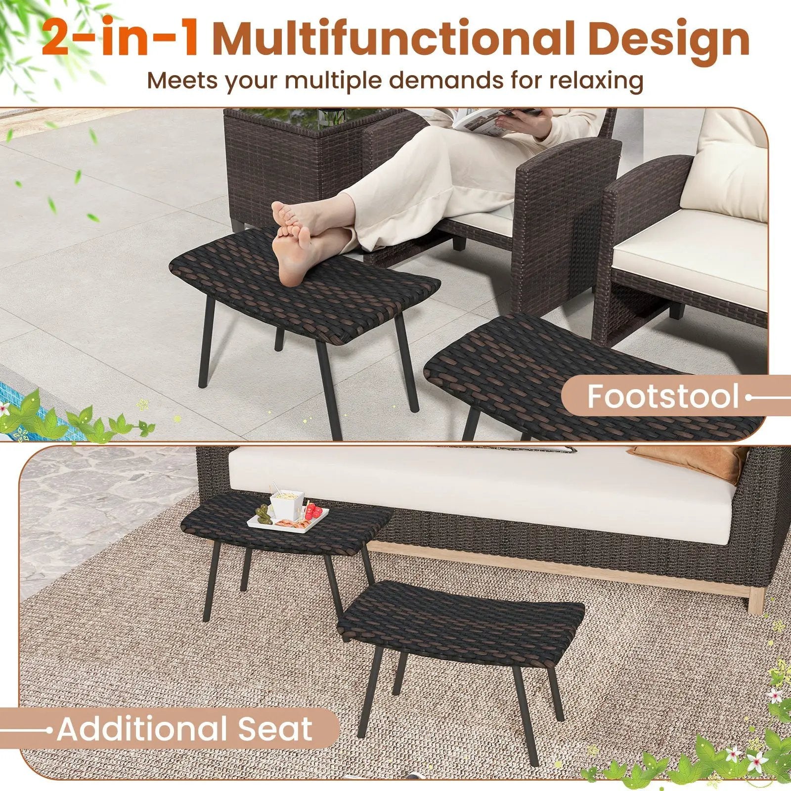 All Weather Outdoor Ottomans Set Patio Footrest Seats Set with Sturdy Metal Legs -Brown by DirectDeals