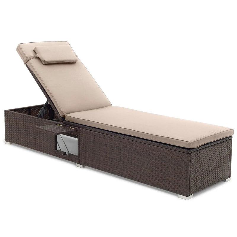 Outdoor PE Rattan Chaise Lounge with 6-Position Adjustable Backrest and Foldable Side Table by DirectDeals