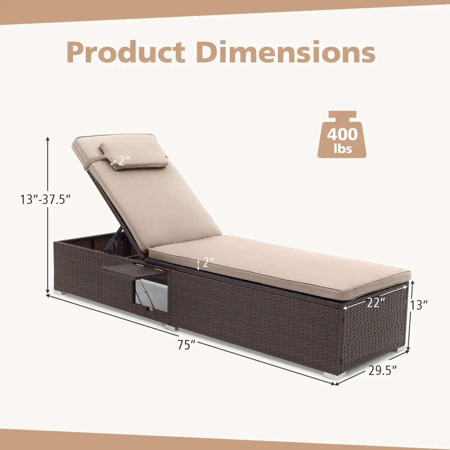 Outdoor PE Rattan Chaise Lounge with 6-Position Adjustable Backrest and Foldable Side Table by DirectDeals