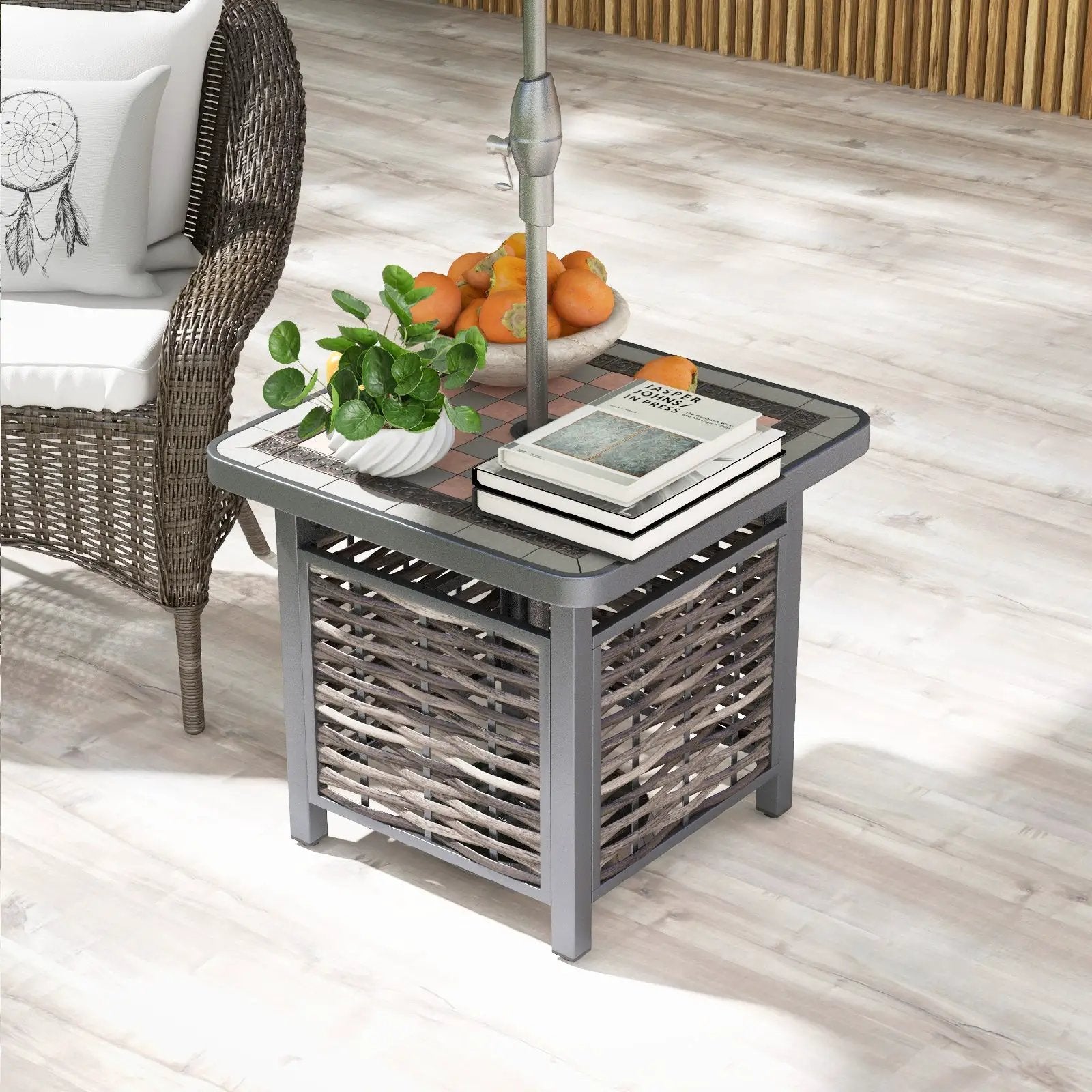 21.5 Inches Outdoor PE Rattan Side Table Square End Table with Umbrella Hole by DirectDeals