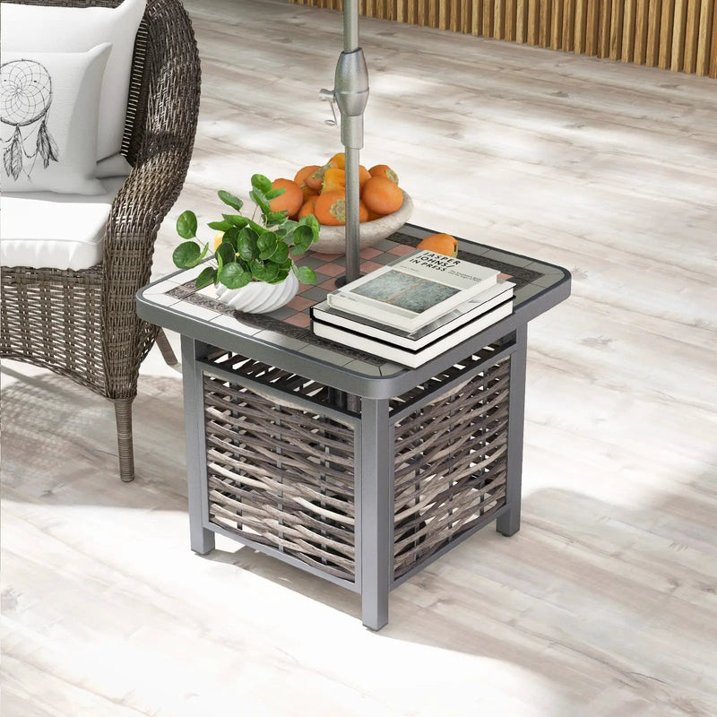 21.5 Inches Outdoor PE Rattan Side Table Square End Table with Umbrella Hole by DirectDeals