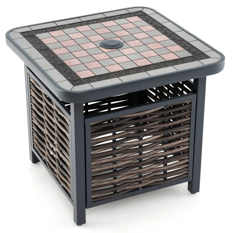 21.5 Inches Outdoor PE Rattan Side Table Square End Table with Umbrella Hole by DirectDeals