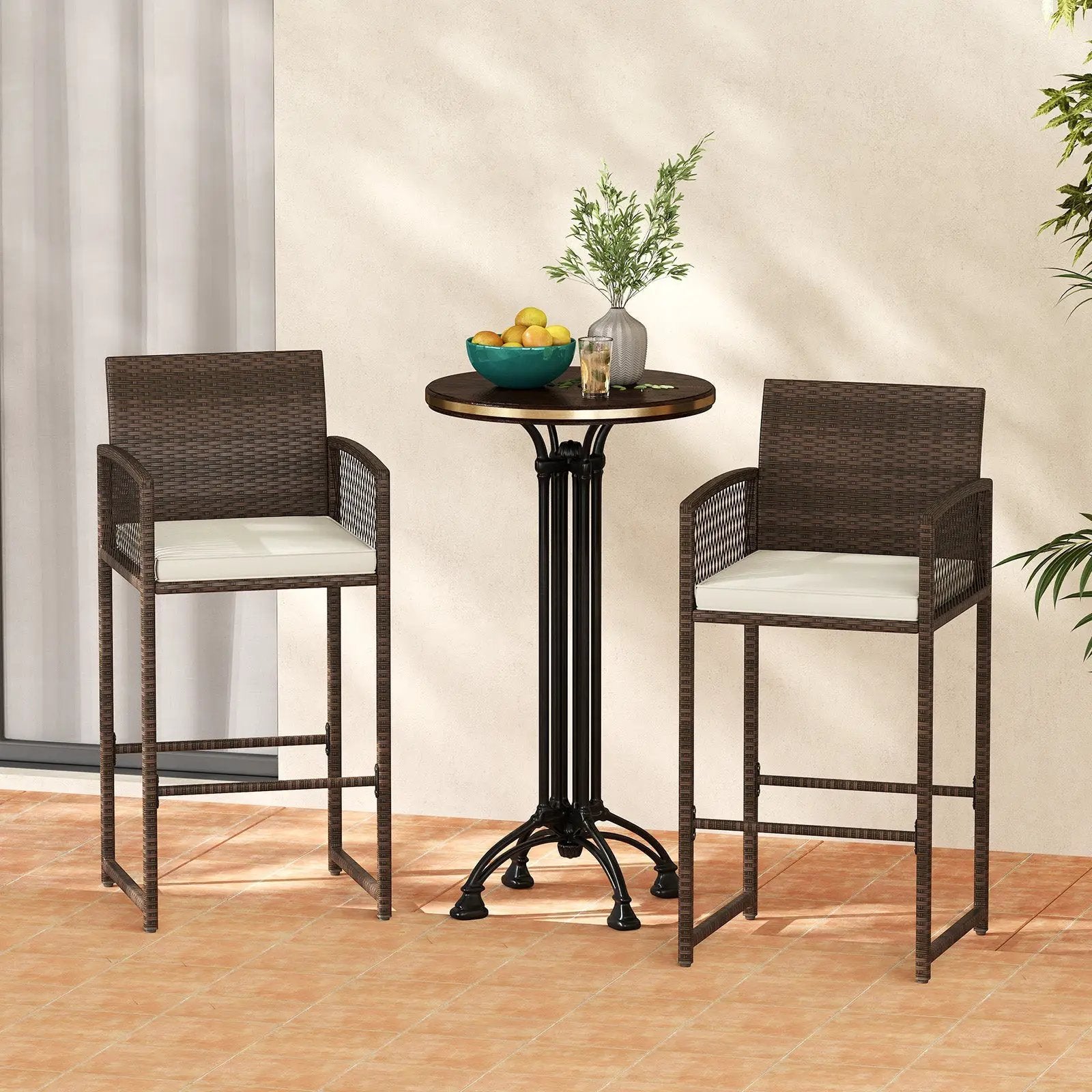 Outdoor PE Wicker Bar Stools Set of 2 Patio Bar Height Chairs with Cushions-White by DirectDeals