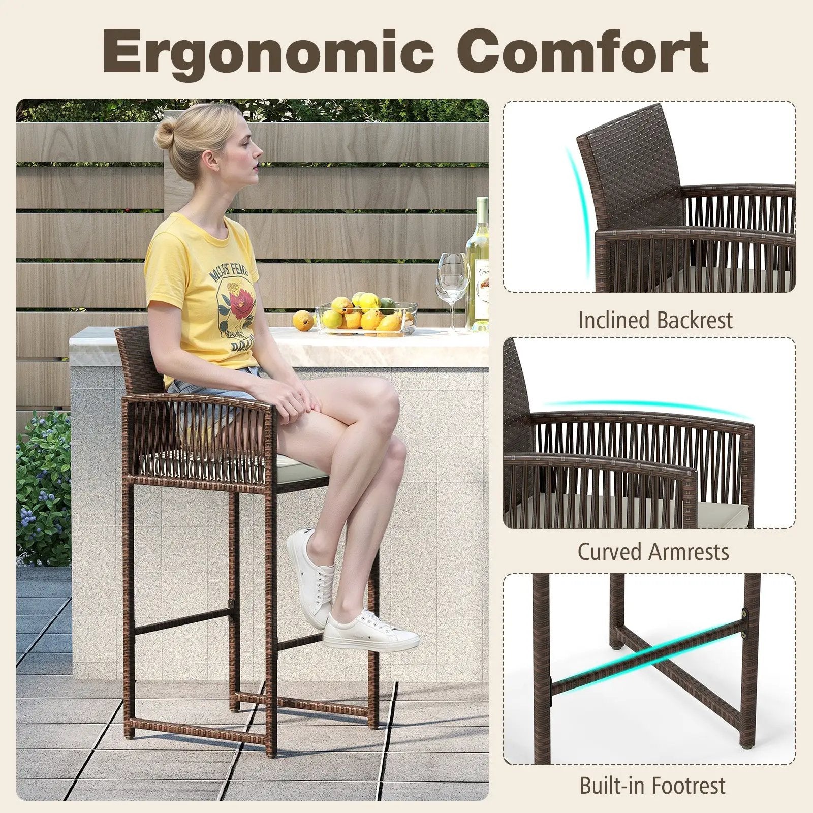 Outdoor PE Wicker Bar Stools Set of 2 Patio Bar Height Chairs with Cushions-White by DirectDeals