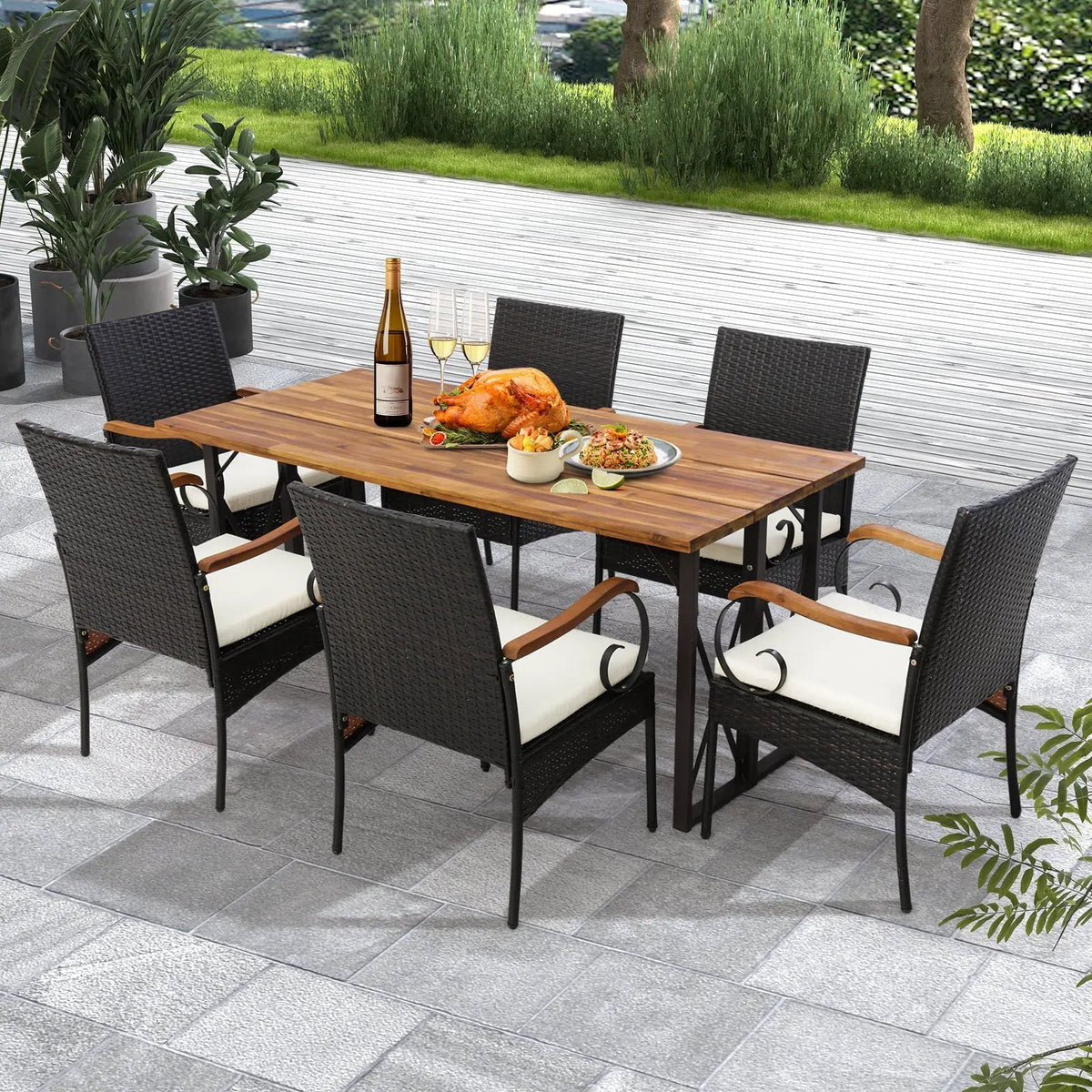 Set of 2/4 Outdoor PE Wicker Chair with Acacia Wood Armrests, photo 9 of 16