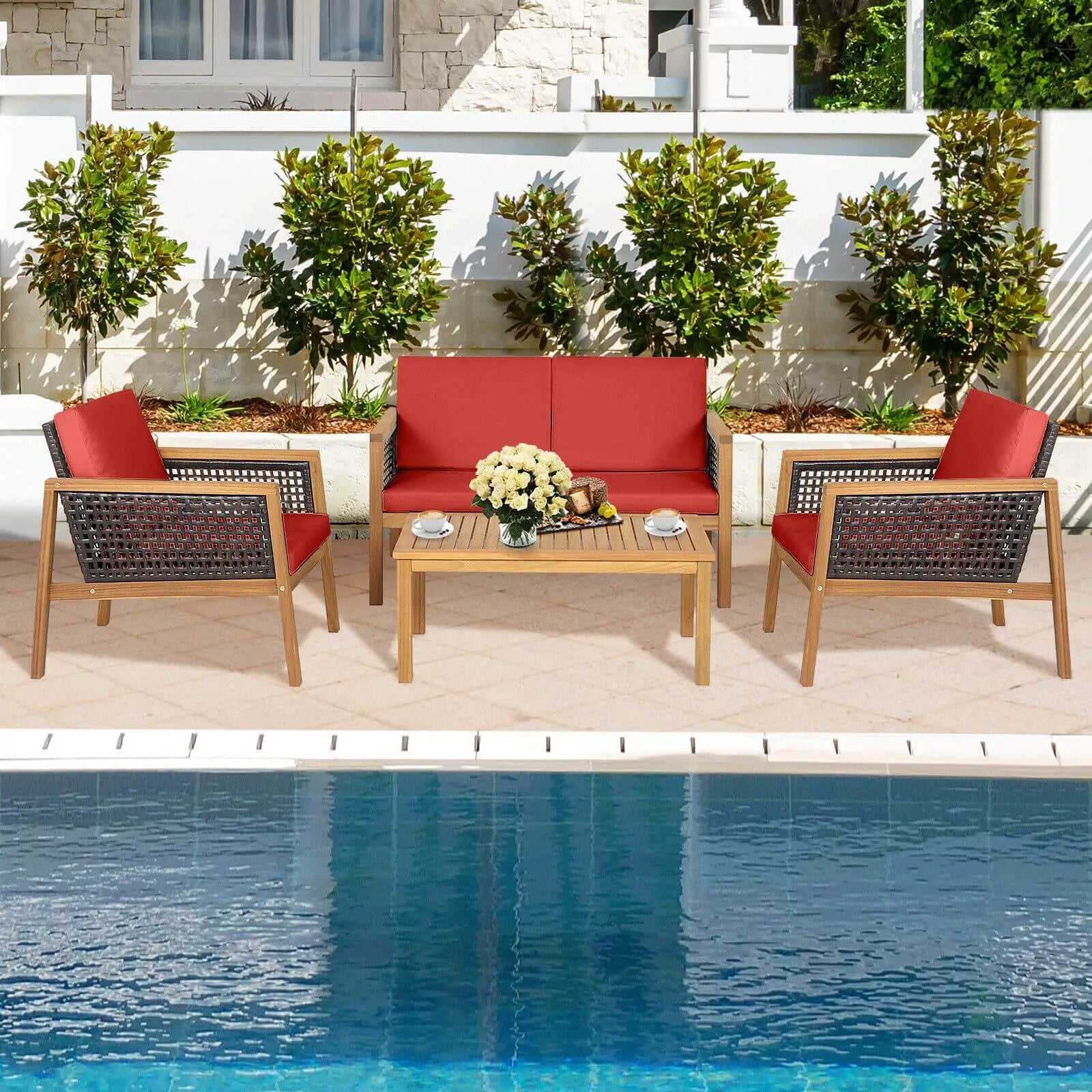 4 Pieces Patio Rattan Furniture Set with Removable Cushions by DirectDeals