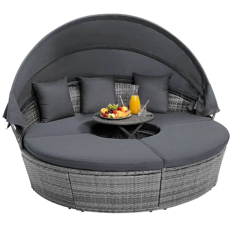 Outdoor PE Wicker Round Daybed with Retractable Canopy and Cushions-Navy by DirectDeals