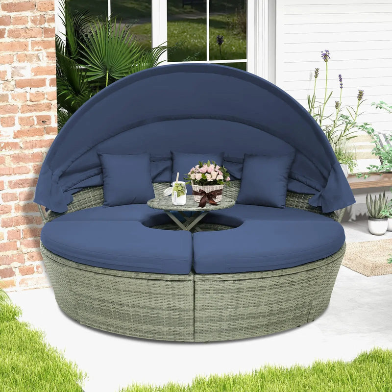 Outdoor PE Wicker Round Daybed with Retractable Canopy and Cushions-Navy by DirectDeals