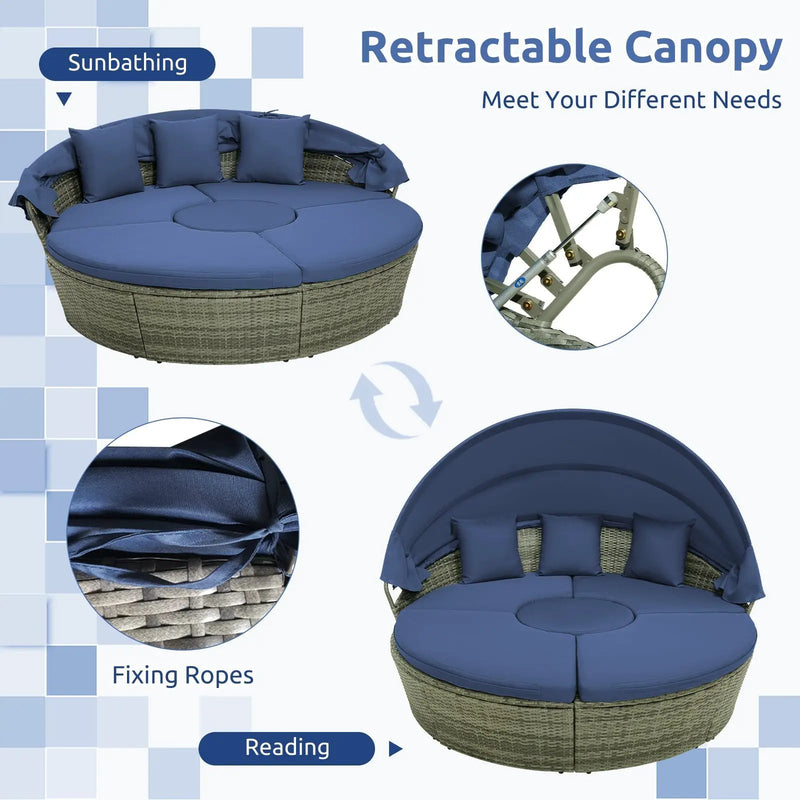 Outdoor PE Wicker Round Daybed with Retractable Canopy and Cushions-Navy by DirectDeals