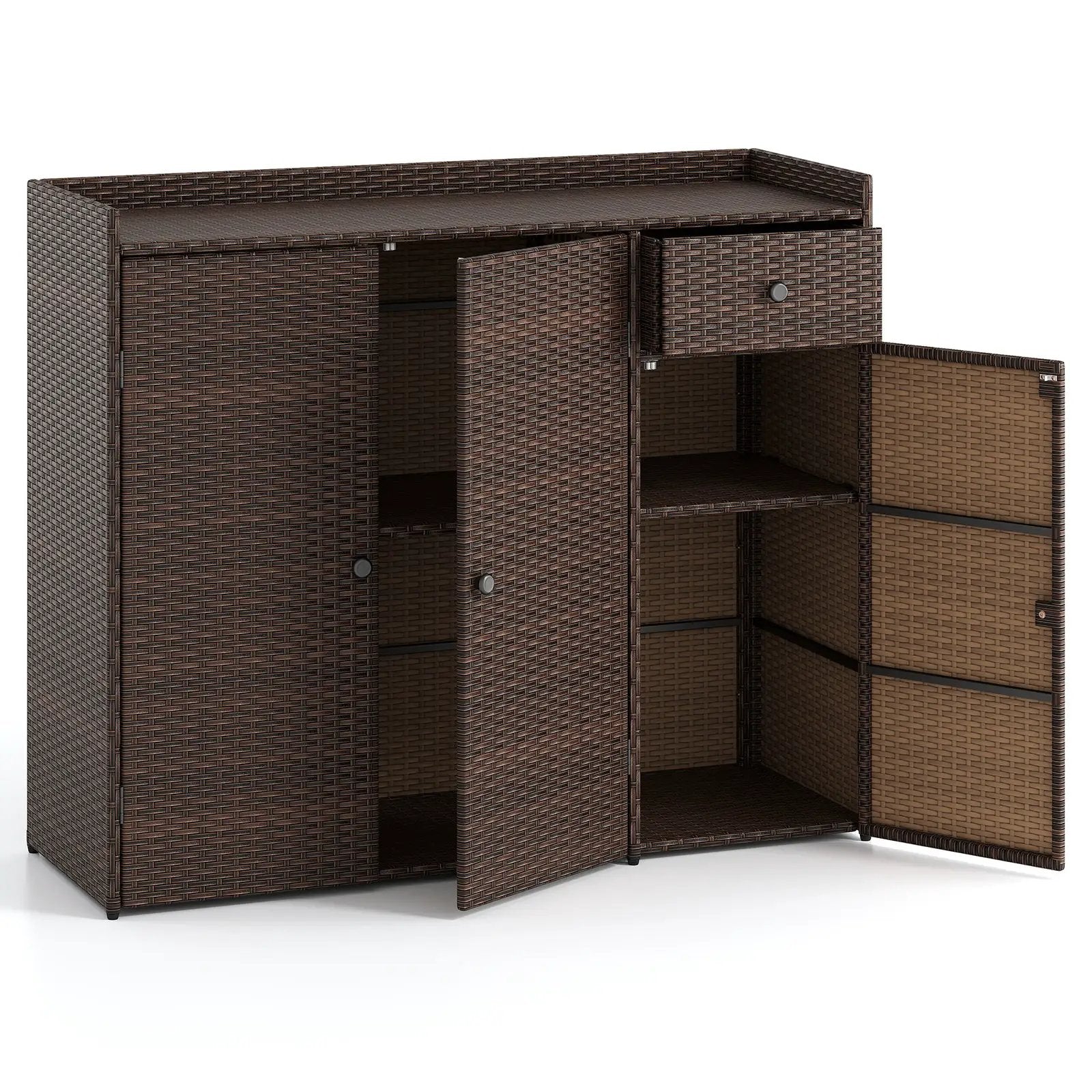 Outdoor PE Wicker Storage Cabinet with 3 Doors for Deck by DirectDeals
