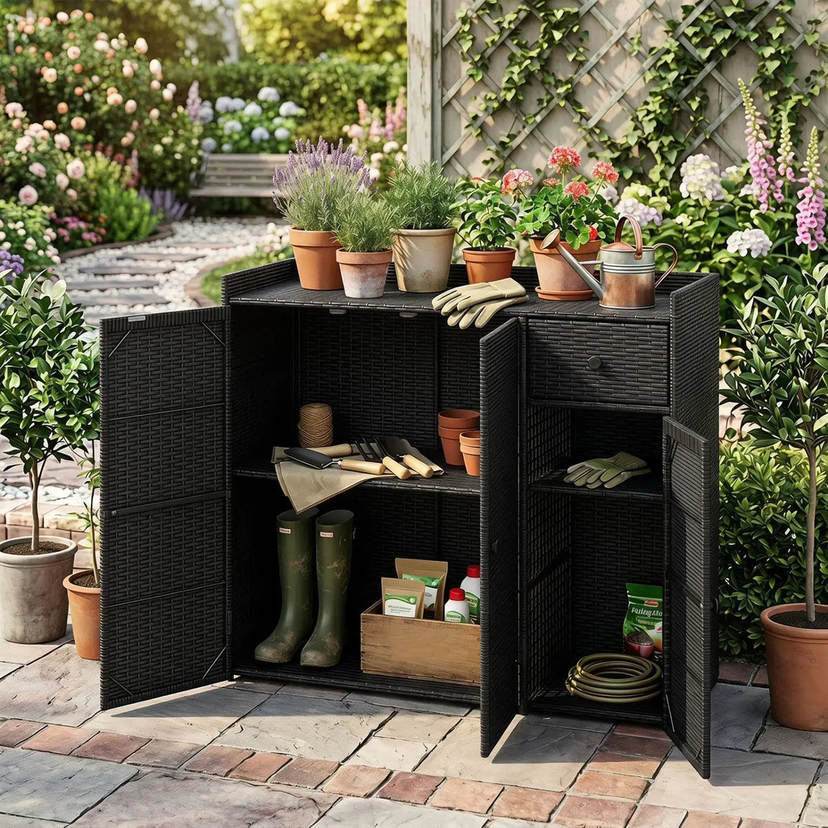Outdoor Storage Cabinet with 3 Doors and Adjustable Shelves