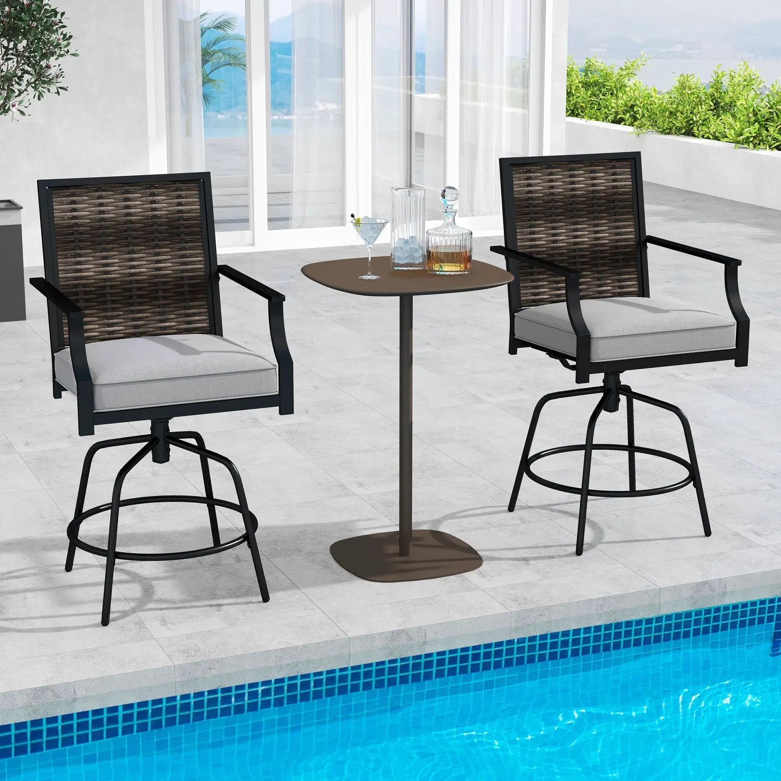 Outdoor PE Wicker Swivel Bar Stools Set of 2 Counter Height Patio Chairs with Back-Grey by DirectDeals