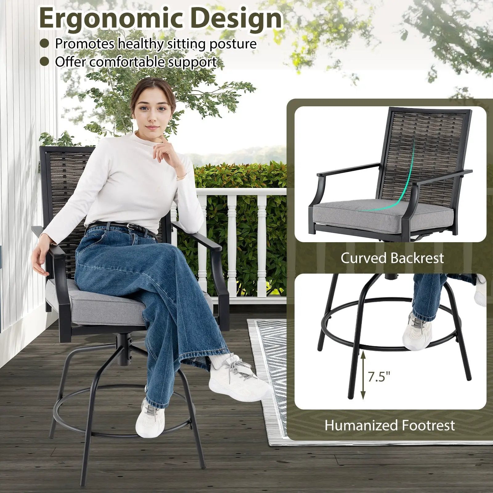 Outdoor PE Wicker Swivel Bar Stools Set of 2 Counter Height Patio Chairs with Back-Grey by DirectDeals