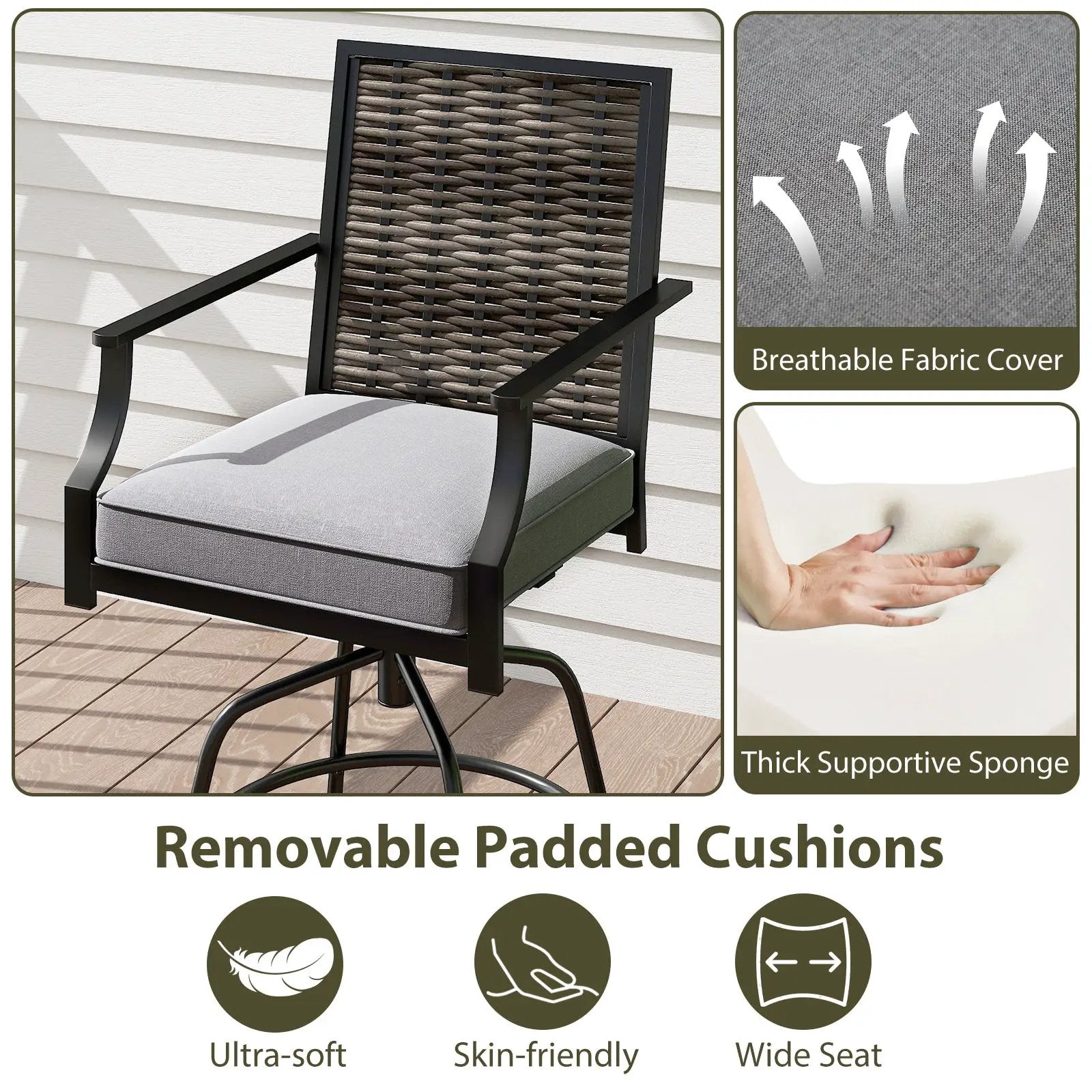 Outdoor PE Wicker Swivel Bar Stools Set of 2 Counter Height Patio Chairs with Back-Grey by DirectDeals