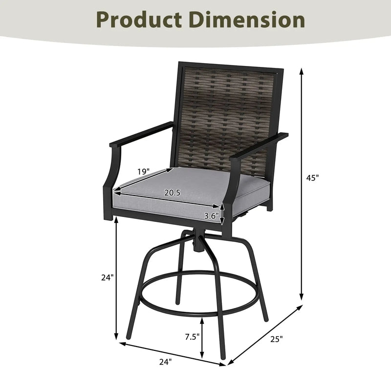 Outdoor PE Wicker Swivel Bar Stools Set of 2 Counter Height Patio Chairs with Back-Grey by DirectDeals