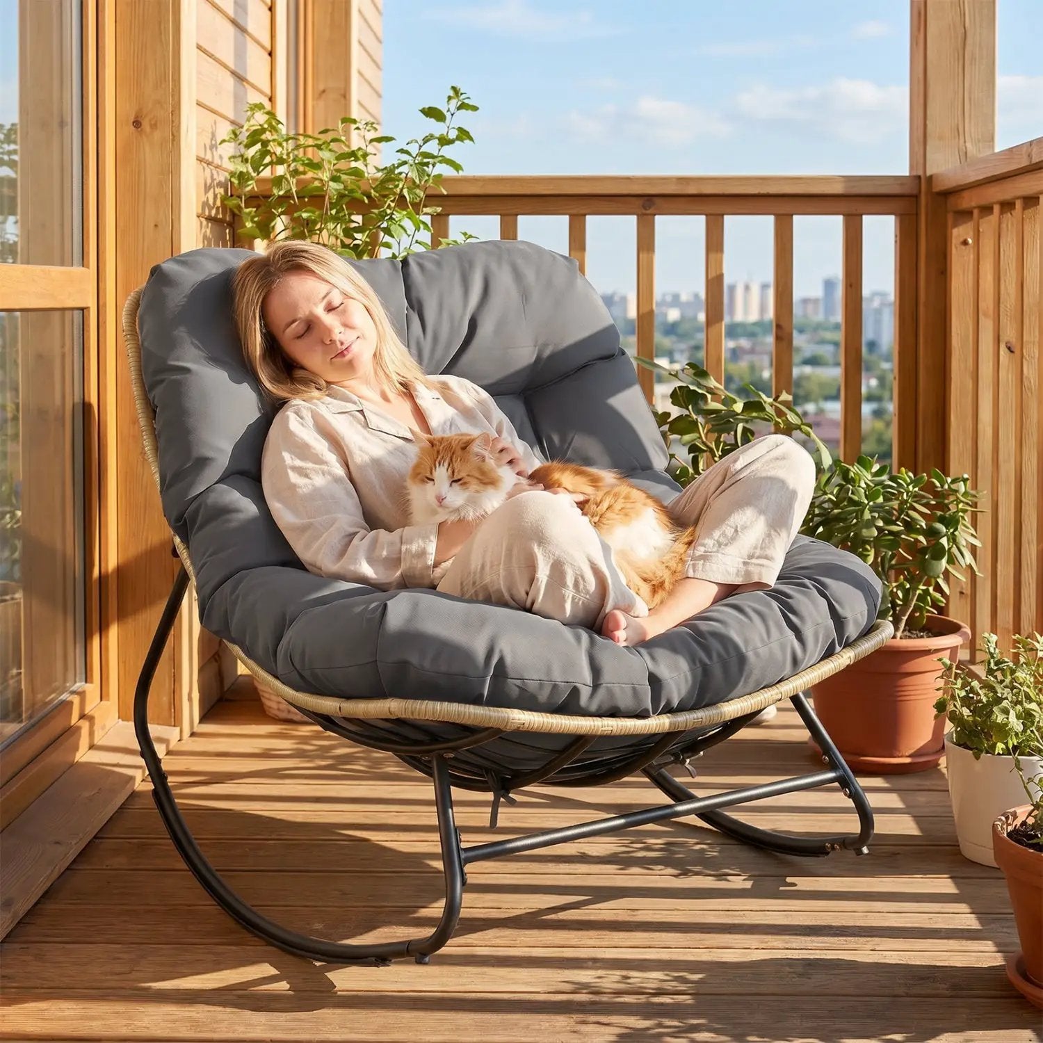 Papasan Rocking Chair with Cushioned Seat for Patio - Gray by DirectDeals