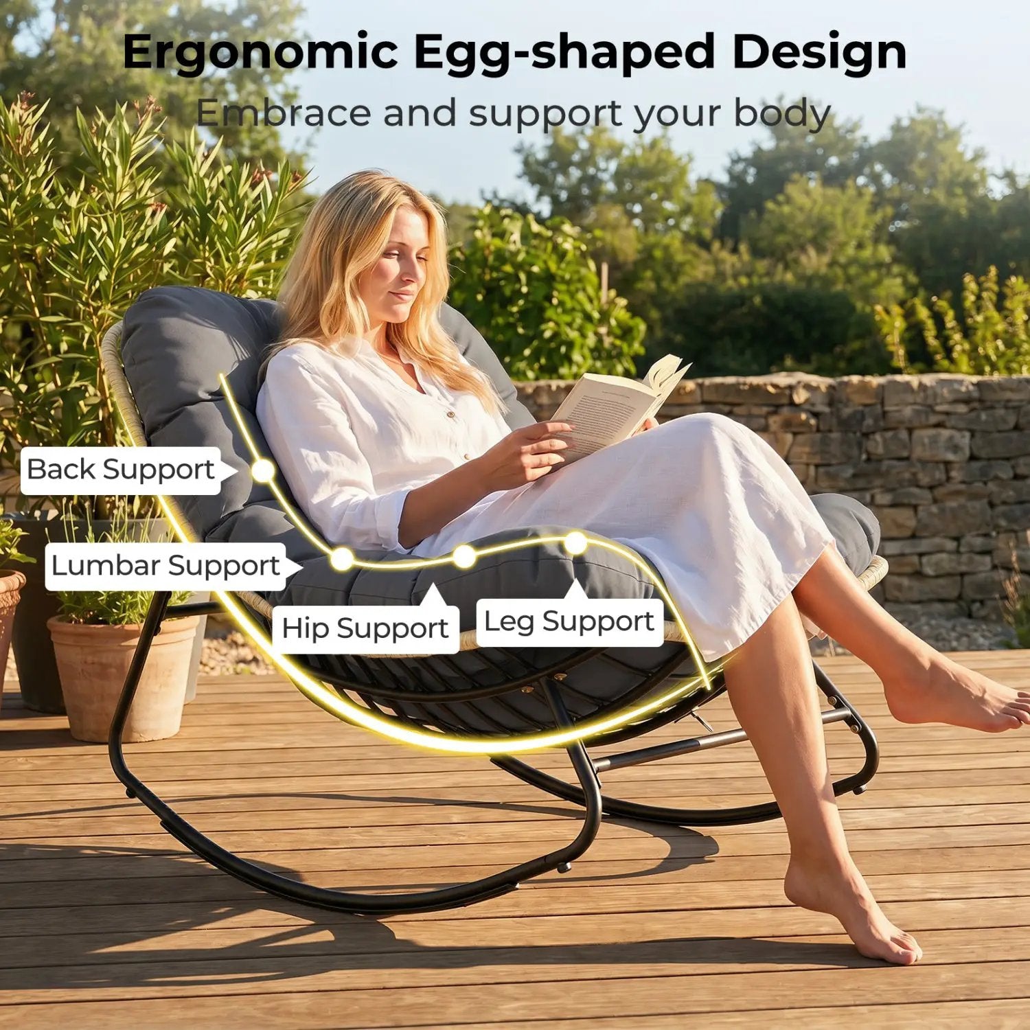 Papasan Rocking Chair with Cushioned Seat for Patio - Gray by DirectDeals