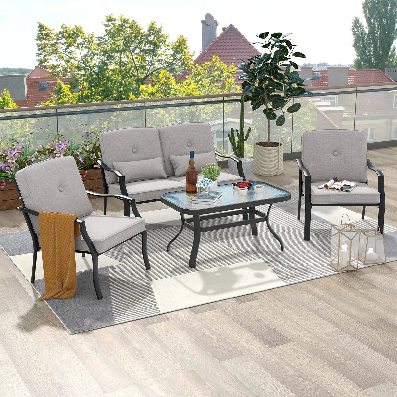 4 Pieces Outdoor Conversation Set with Seat Back Cushions and Waist Pillows by DirectDeals