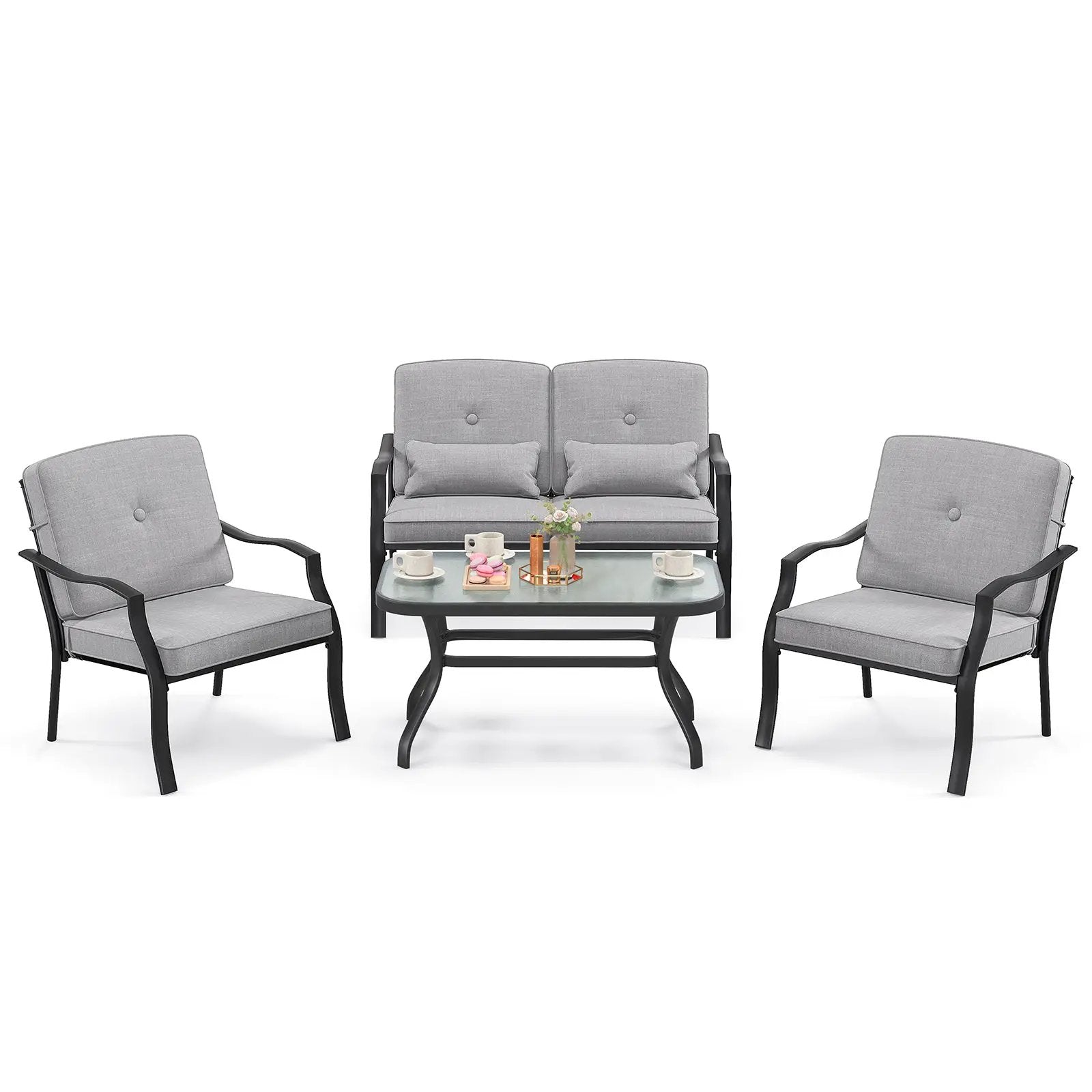 4 Pieces Outdoor Conversation Set with Seat Back Cushions and Waist Pillows by DirectDeals