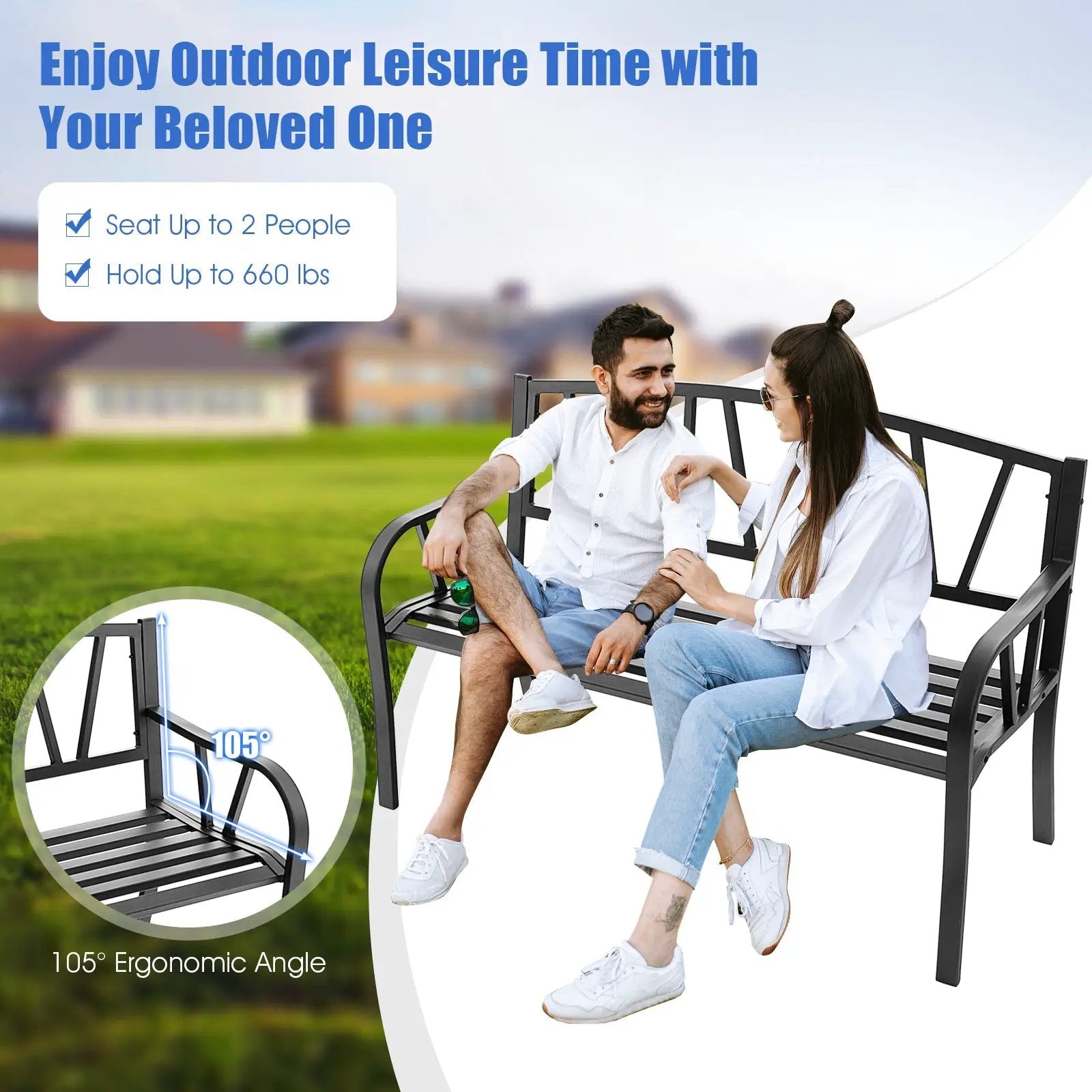 Patio Garden Bench with Metal Frame and Slatted Seat-Black by DirectDeals