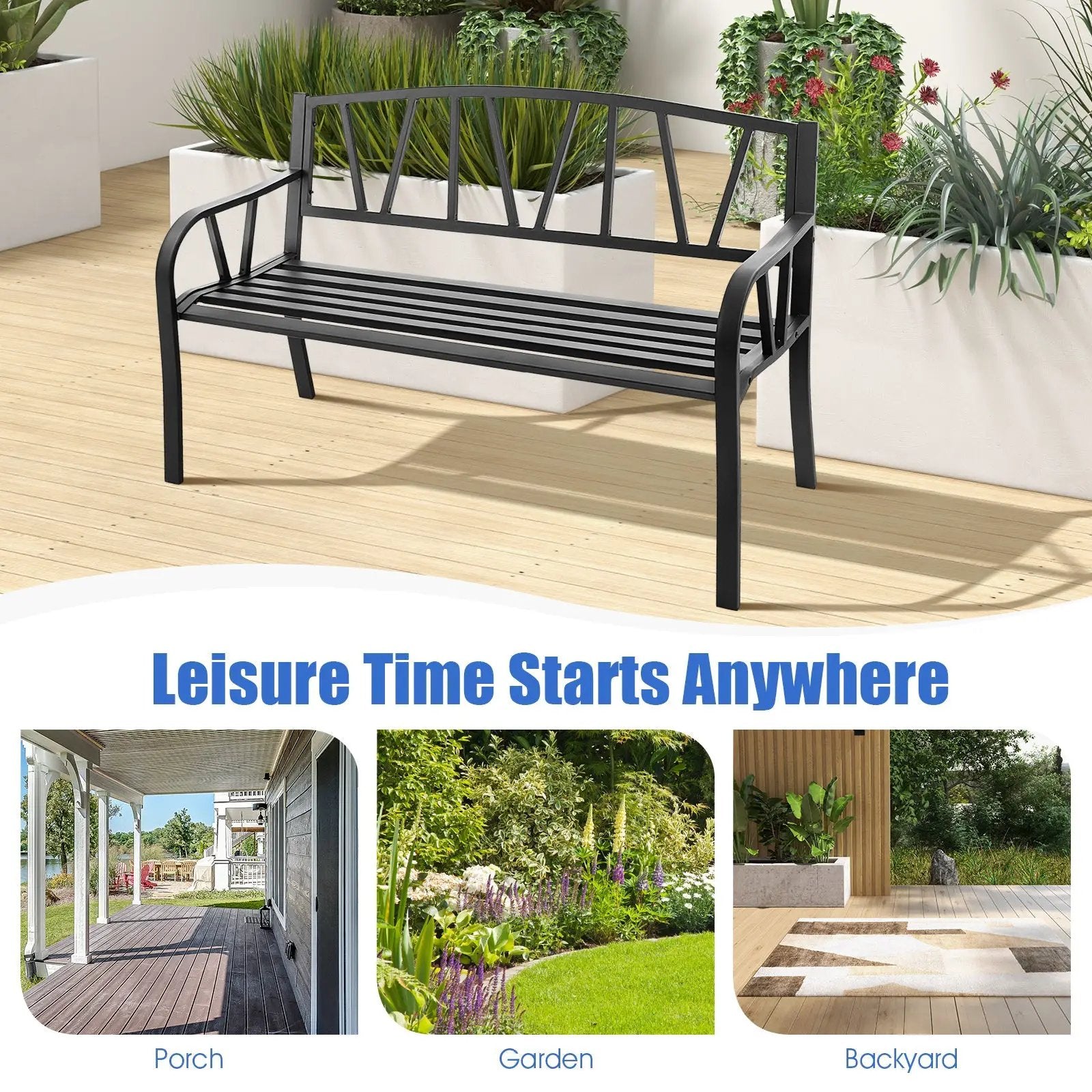 Patio Garden Bench with Metal Frame and Slatted Seat-Black by DirectDeals