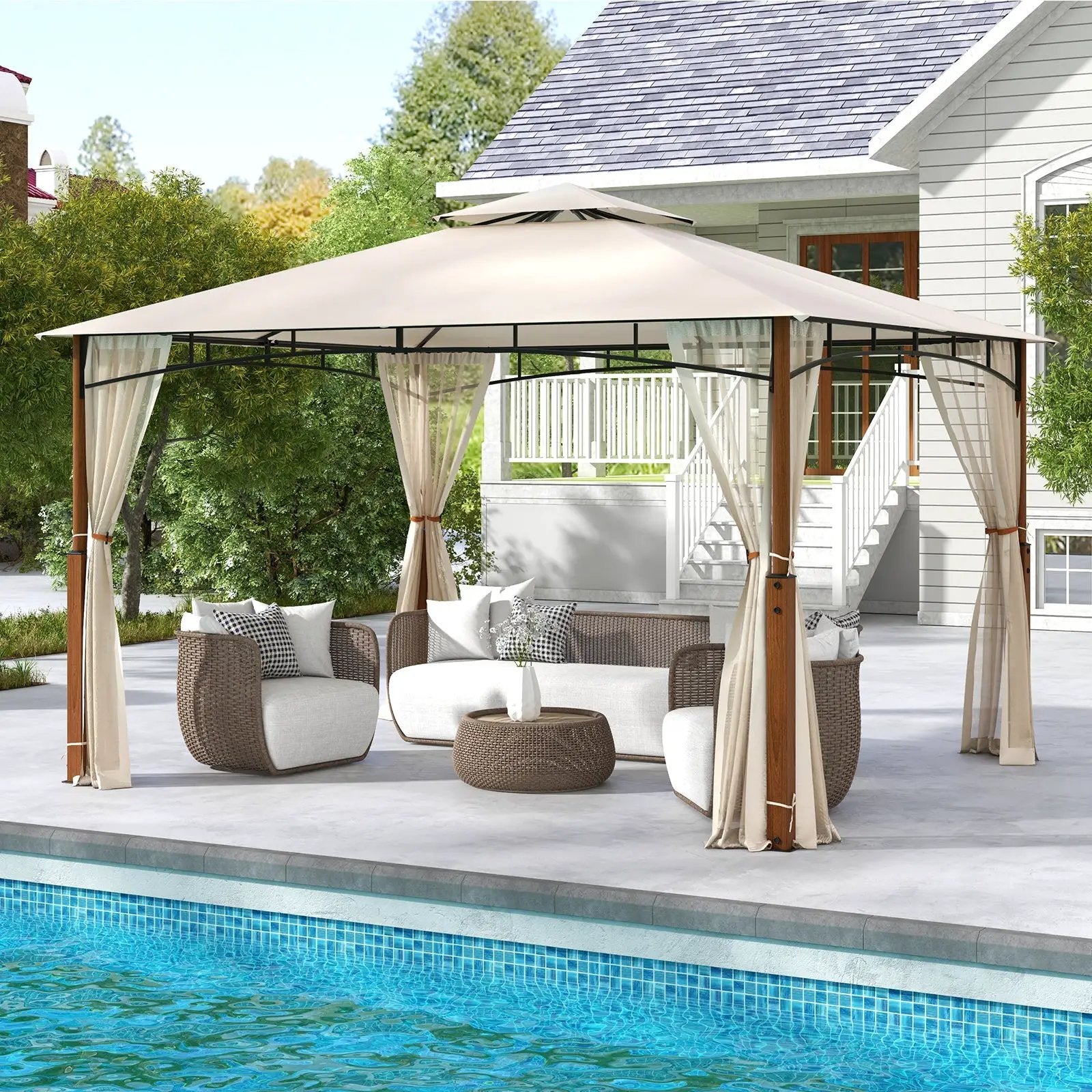 12 x 10 Feet Outdoor Patio Gazebo with Netting and 2-Tier Canopy Roof-Beige by DirectDeals