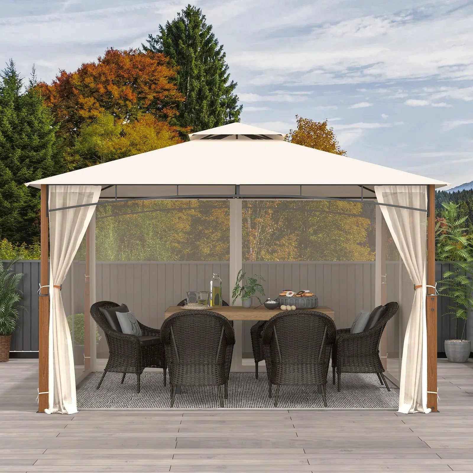 12 x 10 Feet Outdoor Patio Gazebo with Netting and 2-Tier Canopy Roof-Beige by DirectDeals