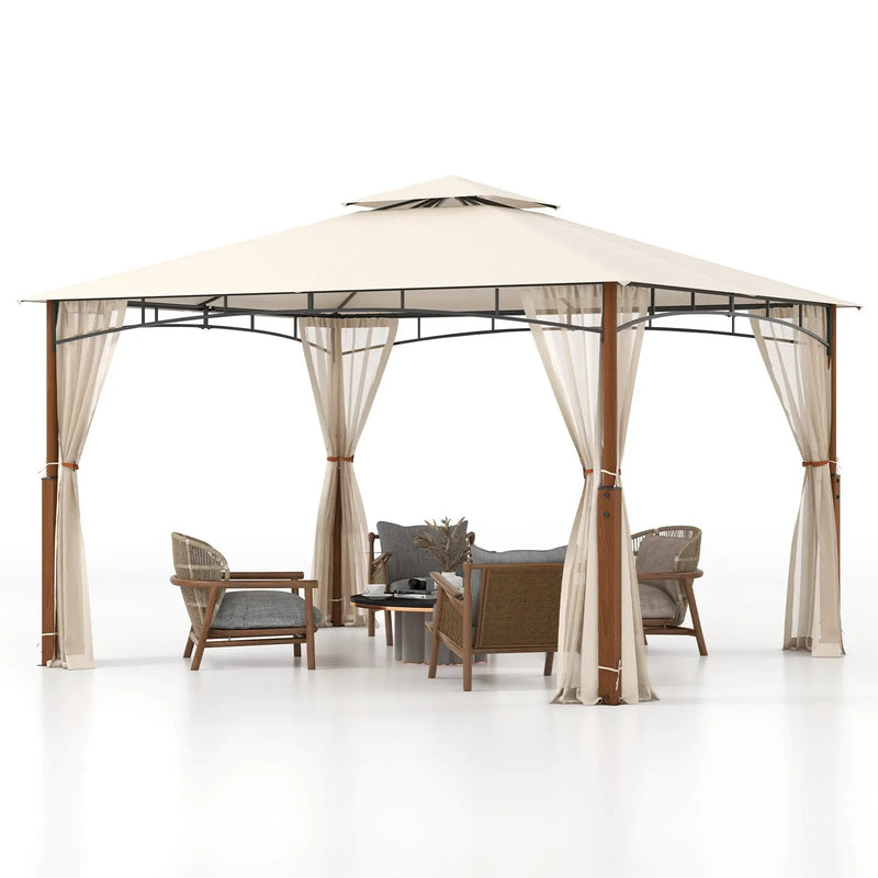 12 x 10 Feet Outdoor Patio Gazebo with Netting and 2-Tier Canopy Roof-Beige by DirectDeals