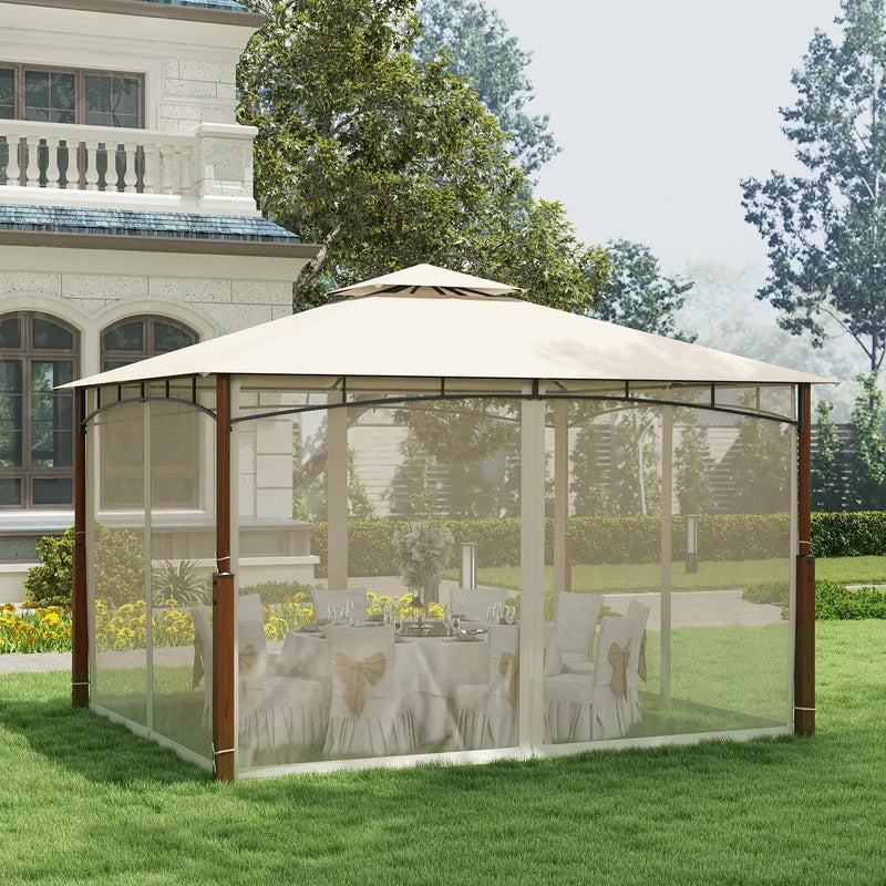 12 x 10 Feet Outdoor Patio Gazebo with Netting and 2-Tier Canopy Roof-Beige by DirectDeals