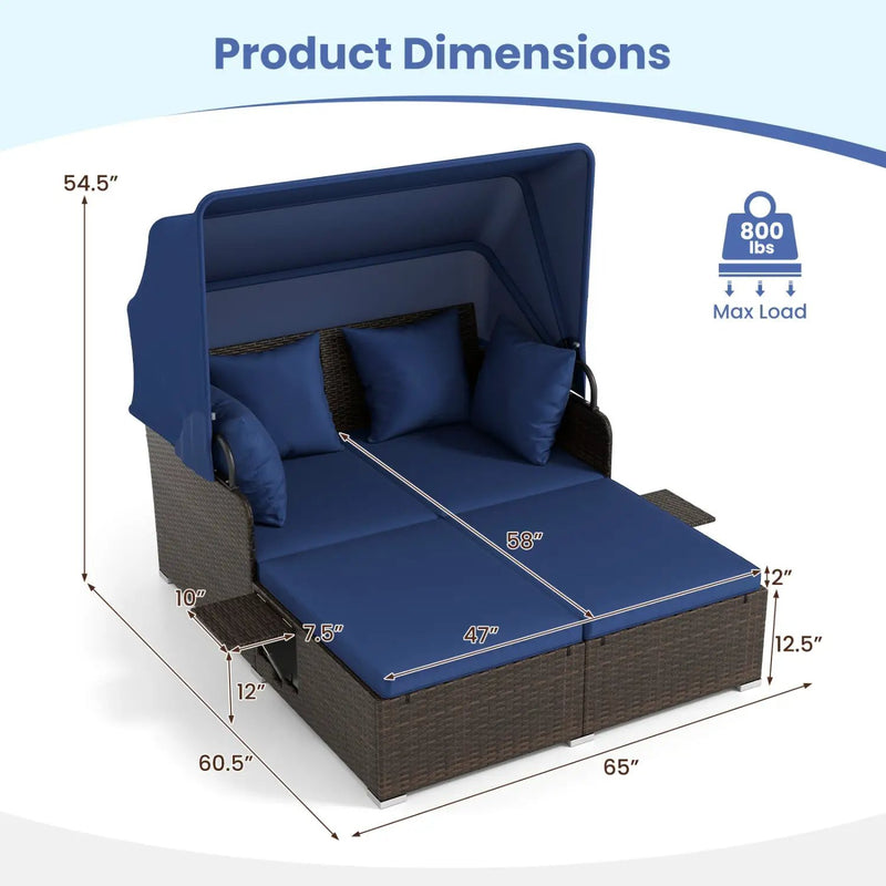 Outdoor Patio Rattan Daybed with Retractable Canopy and Side Tables by DirectDeals