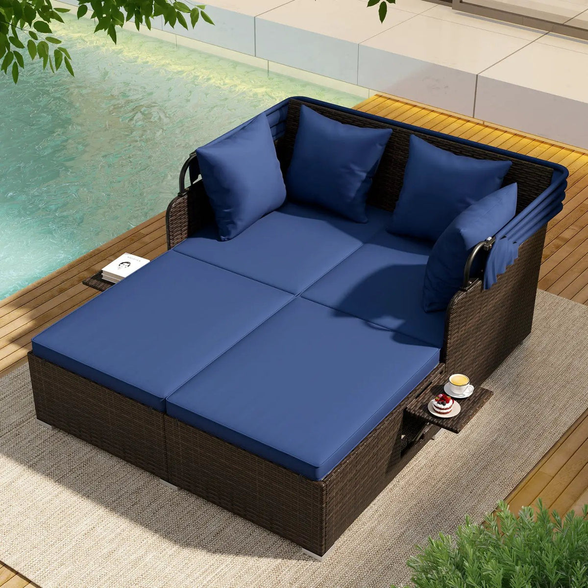 Outdoor Patio Rattan Daybed with Retractable Canopy and Side Tables, photo 2 of 16