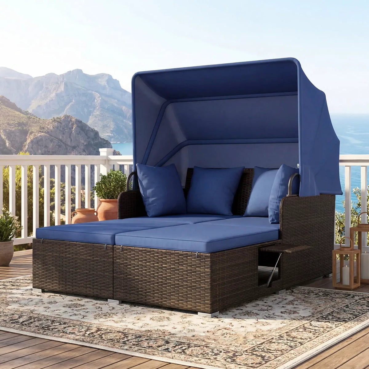 Outdoor Patio Rattan Daybed with Retractable Canopy and Side Tables, photo 4 of 16