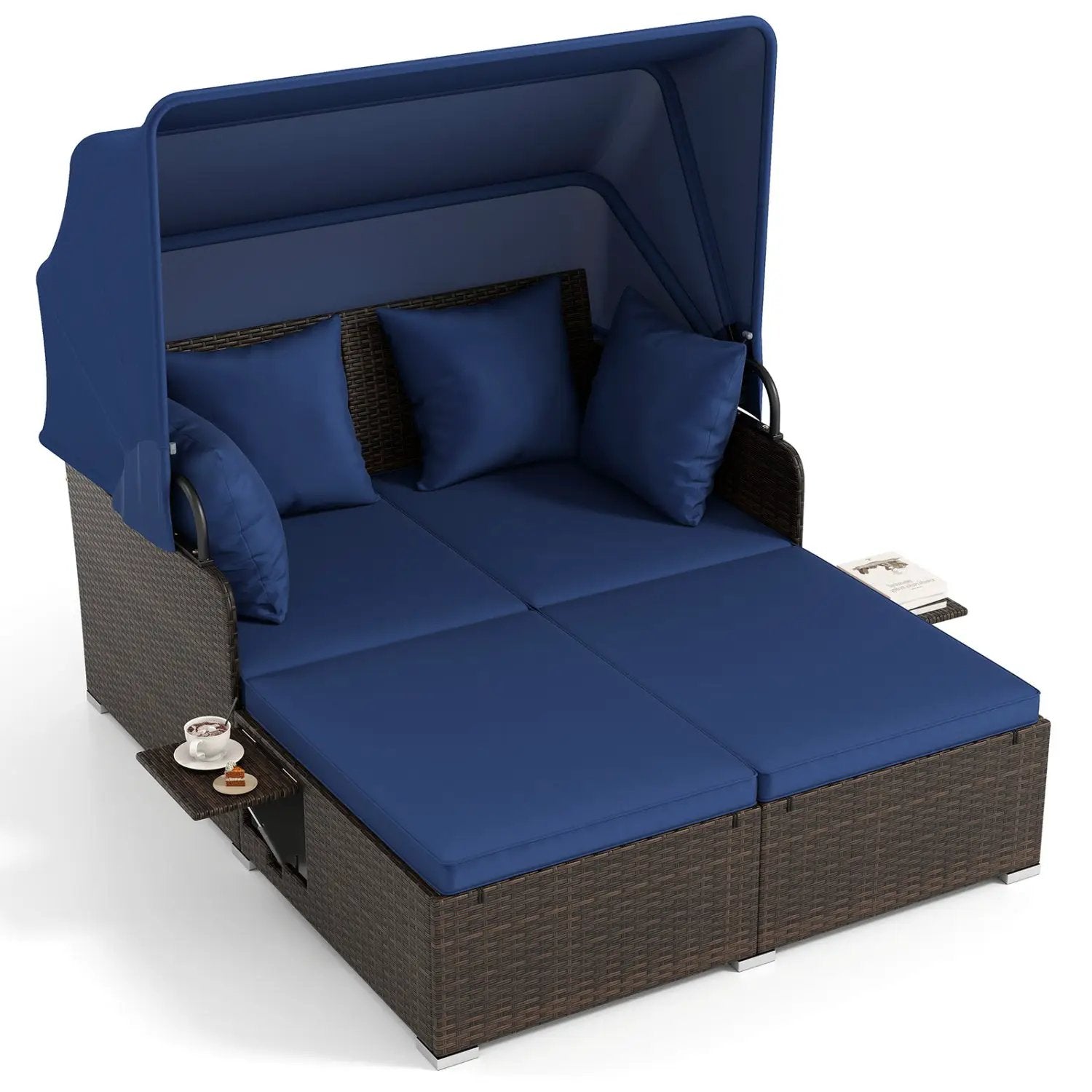 Outdoor Patio Rattan Daybed with Retractable Canopy and Side Tables by DirectDeals