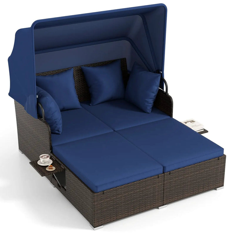 Outdoor Patio Rattan Daybed with Retractable Canopy and Side Tables by DirectDeals