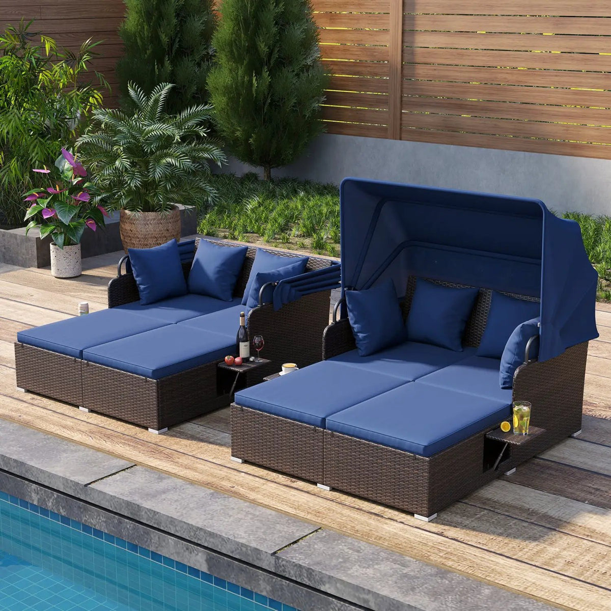 Outdoor Patio Rattan Daybed with Retractable Canopy and Side Tables, photo 12 of 16