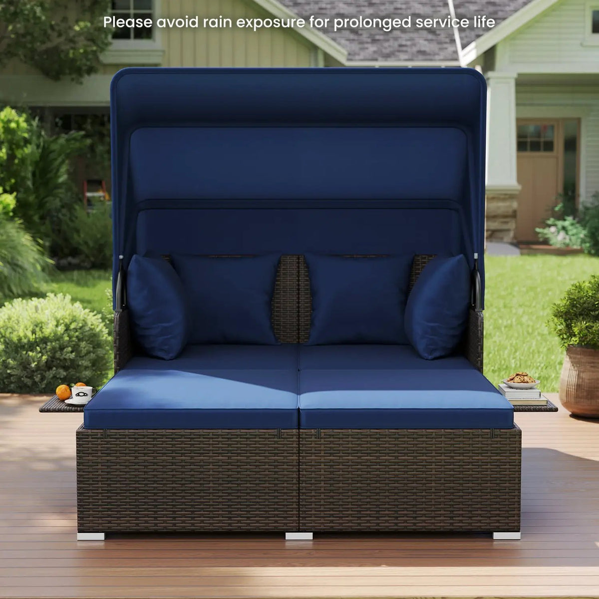 Outdoor Patio Rattan Daybed with Retractable Canopy and Side Tables, photo 14 of 16