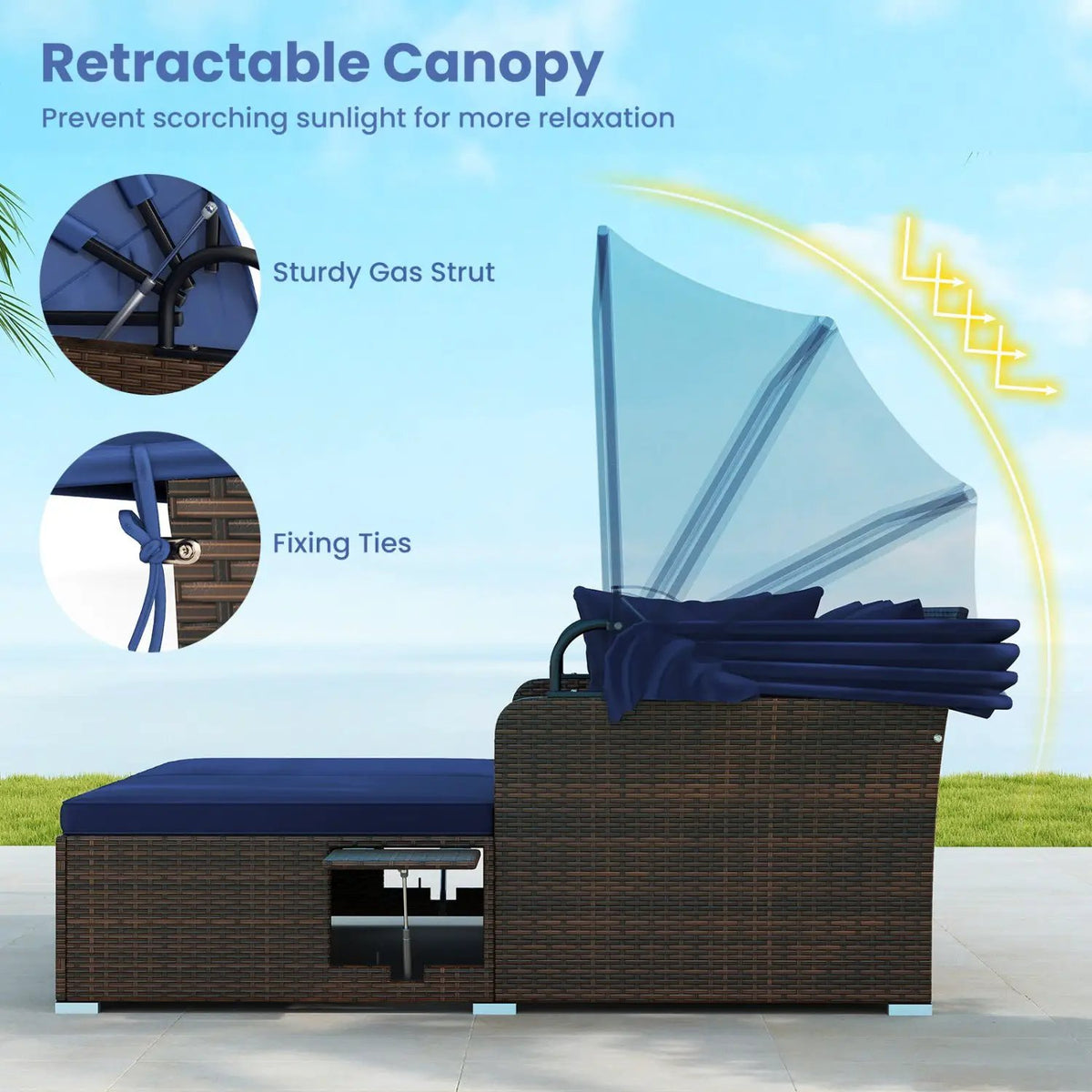 Outdoor Patio Rattan Daybed with Retractable Canopy and Side Tables, photo 16 of 16