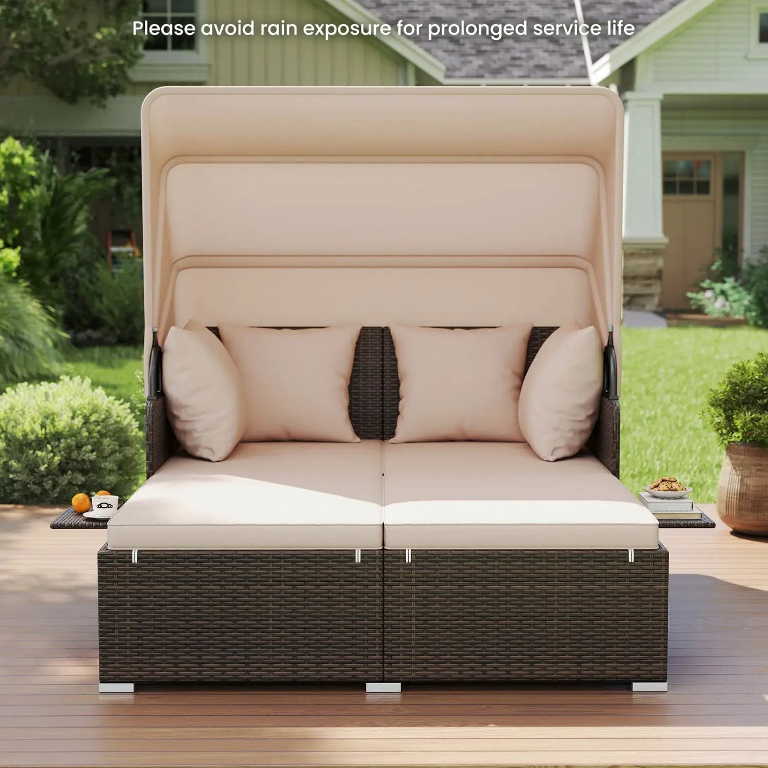 Outdoor Patio Rattan Daybed with Retractable Canopy and Side Tables by DirectDeals