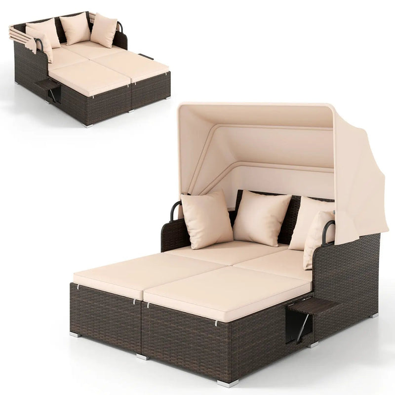 Outdoor Patio Rattan Daybed with Retractable Canopy and Side Tables by DirectDeals